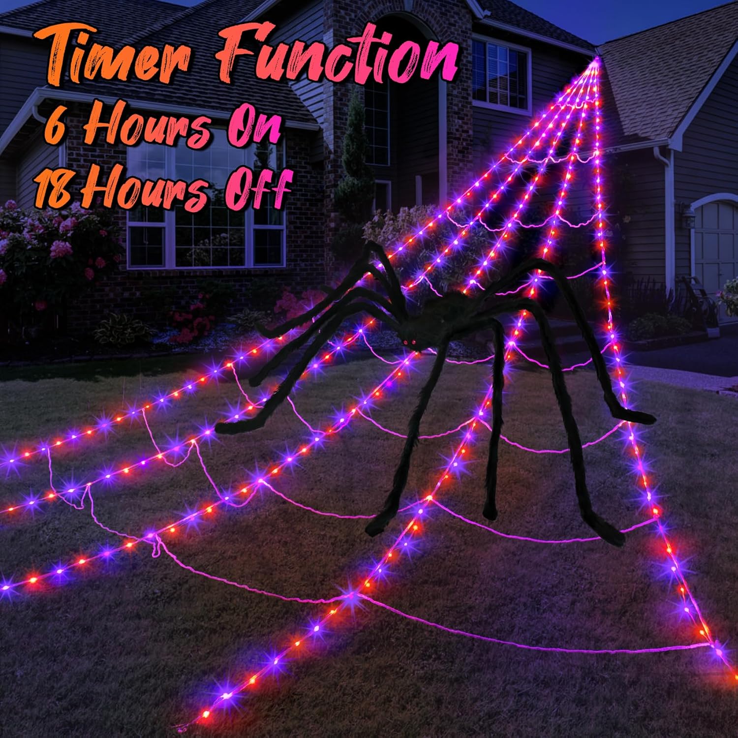 Telarañas para decoración de Halloween al aire libre, 290 luces LED de telaraña, decoración con araña grande de 78.7 pulgadas y telaraña elástica de