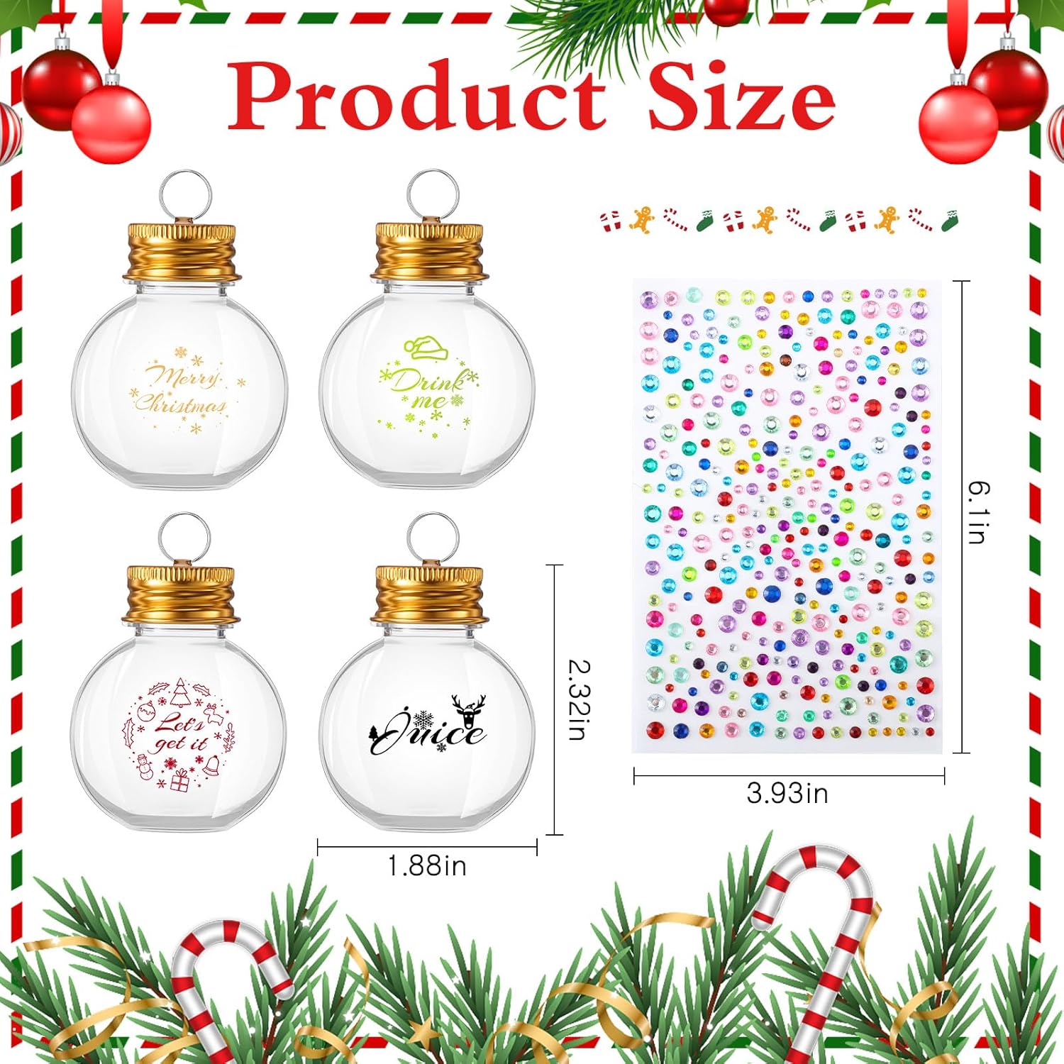 Suttmin 24 bolas de alcohol de Navidad, bolas de plástico transparente para adornos, adorno colgante para árbol con calcomanías de diamantes de