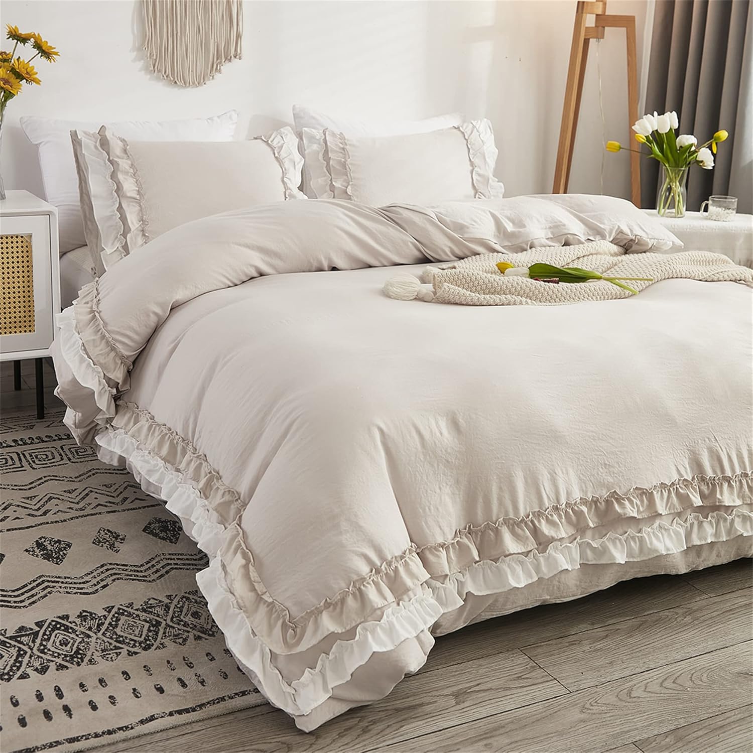 ABREEZE Juego de funda de edredón de microfibra lavada tamaño Queen, 3 piezas, ropa de cama vintage con volantes, estilo granja, 1 funda de edredón