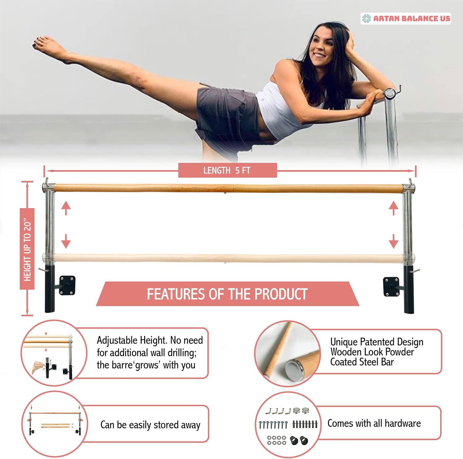 Barra de ballet montada en la pared para entrenamiento de baile en casa o estudio, yoga, estiramiento y pilates, postura para niños y adultos, ideal