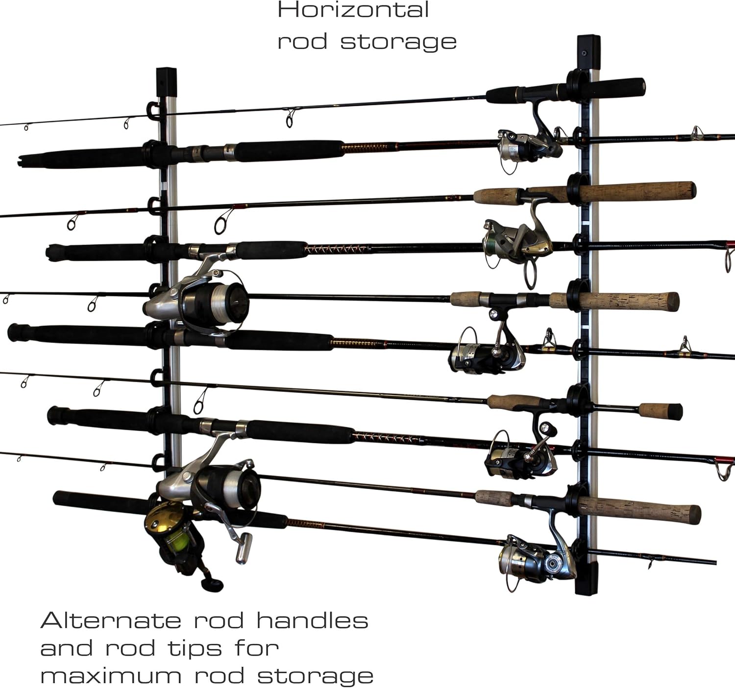 Rush Creek Creations Estante de almacenamiento de caña de pescar de pared o techo para 10 cañas, soporte vertical u horizontal para caña de pescar