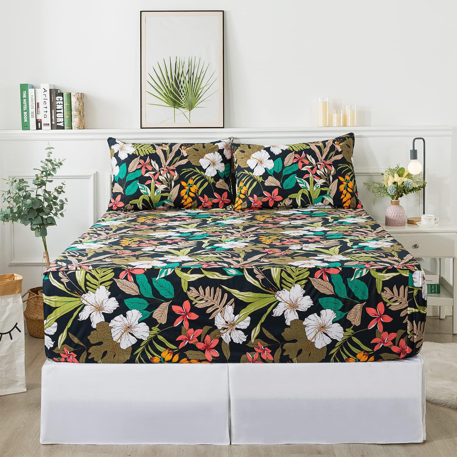 FADFAY Juego de sábanas de tamaño matrimonial con estampado floral negro y rojo, sábanas suaves de algodón de 600 hilos con estampado de hojas,