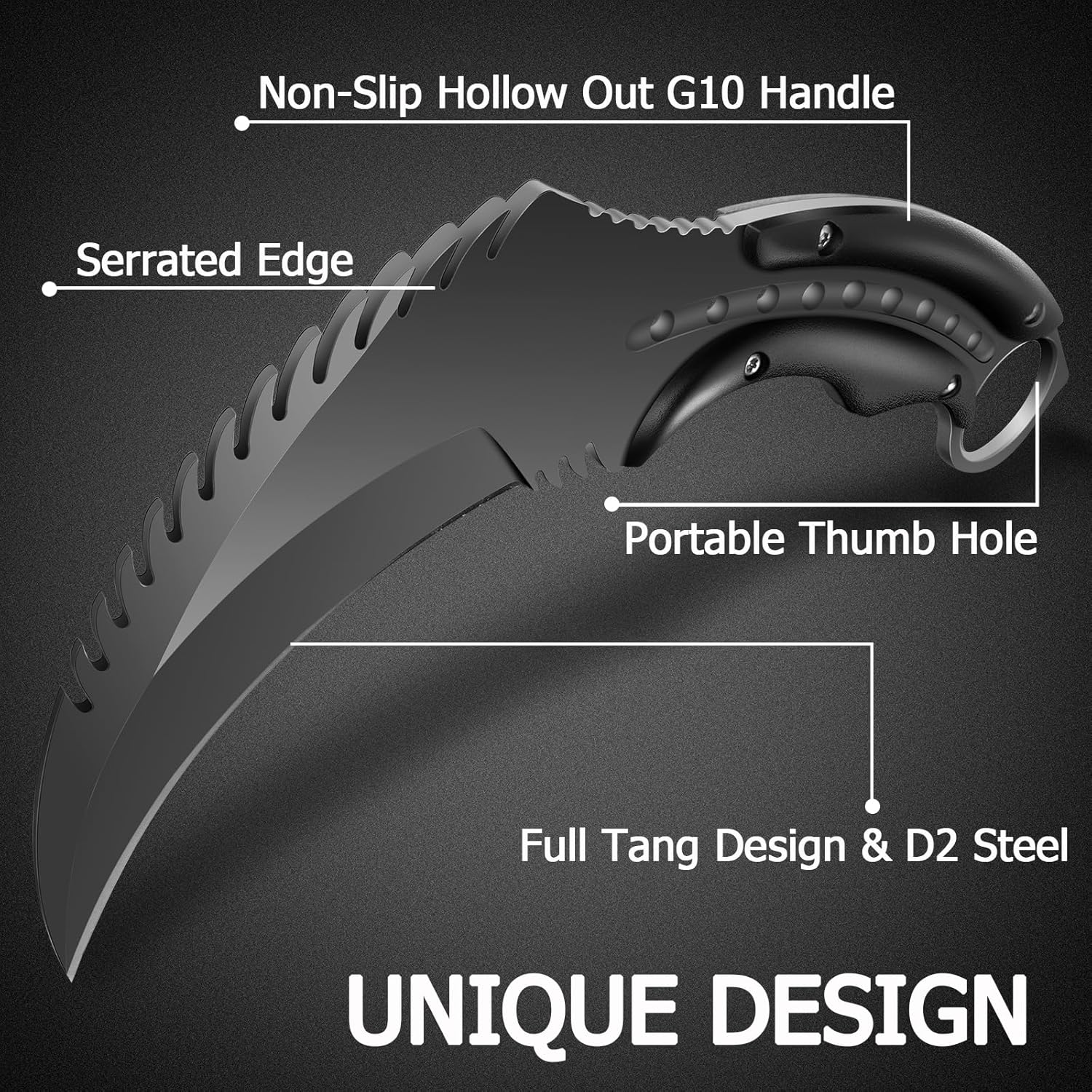 AULAKNIV Cuchillo de garra Raptor de borde dentado de 8.1 pulgadas, cuchillo táctico de hoja fija de espiga completa con funda y clip Kydex,