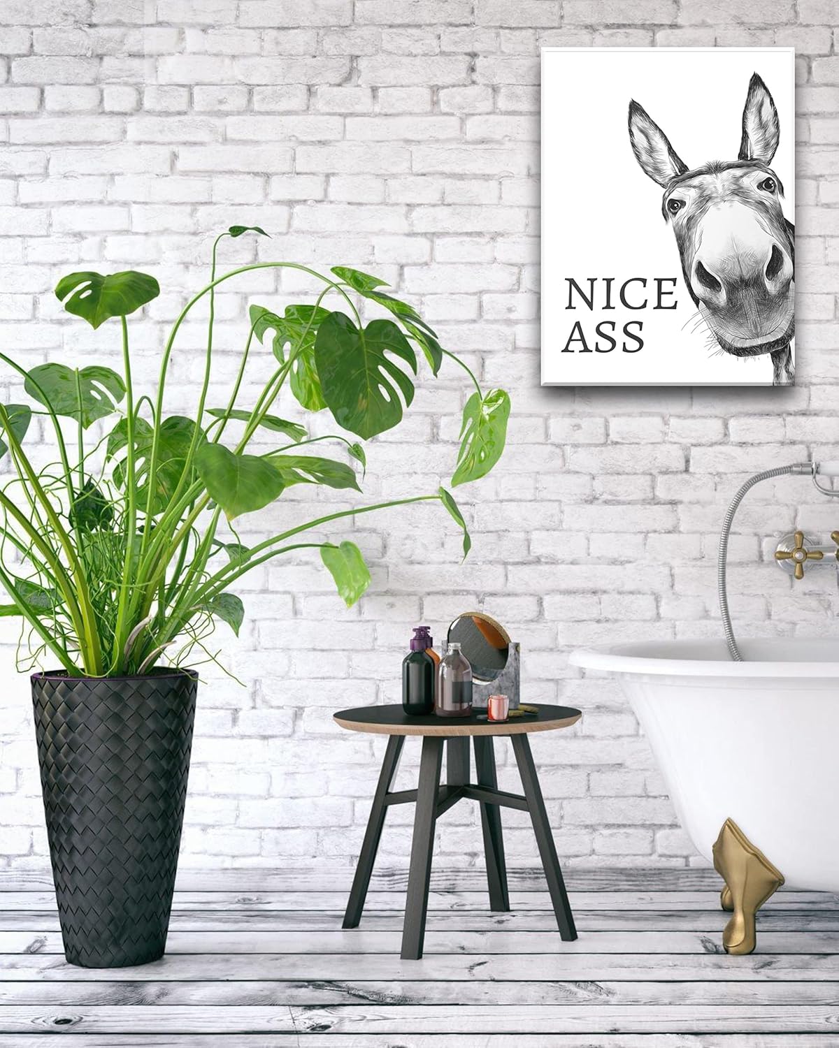 UPWOIGH Divertida decoración artística de pared de baño, arte de pared de burro blanco y negro, lienzo enmarcado de madera impermeable, impresiones