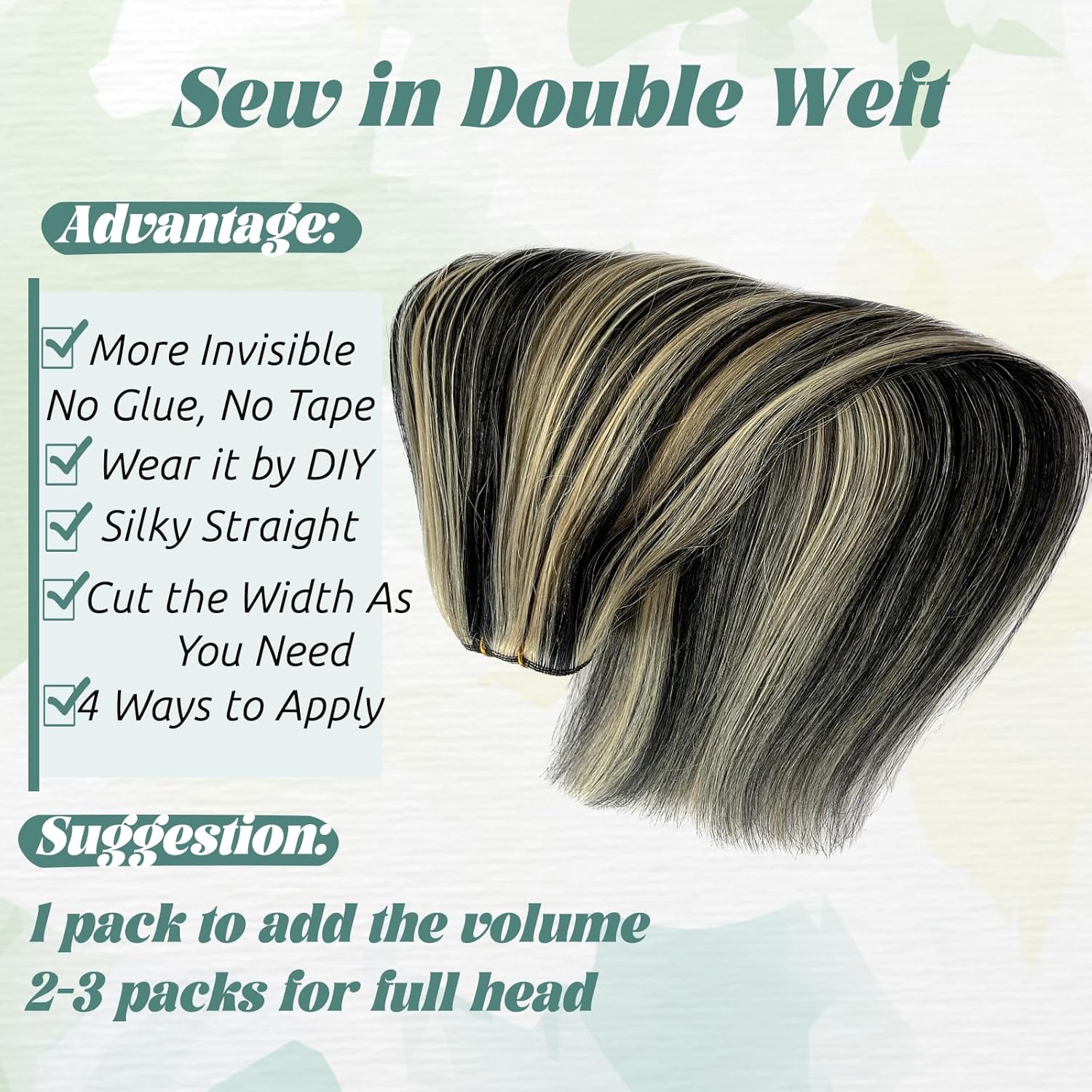 Smavida Extensiones de cabello humano real para coser, balayage, mezcla de negro y rubio decolorado, extensiones de cabello humano lacio para mujer,