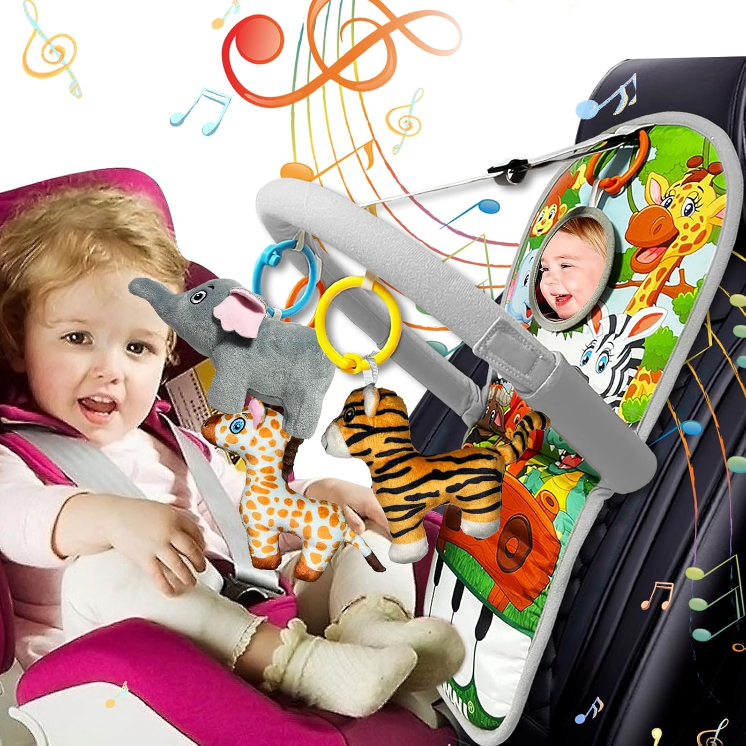TOYMNI Juguetes de asiento de automóvil para bebés de 6 a 12 meses, juguetes de asiento de automóvil con piano de pedal musical, juguetes de viaje