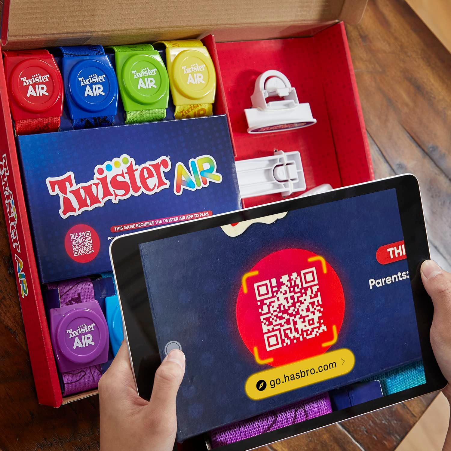Hasbro Gaming Twister Air Game  AR App Play Game with Wrist and Ankle Bands  Links to Smart Devices  Active Party Games for Kids and Adults  Ages 8+