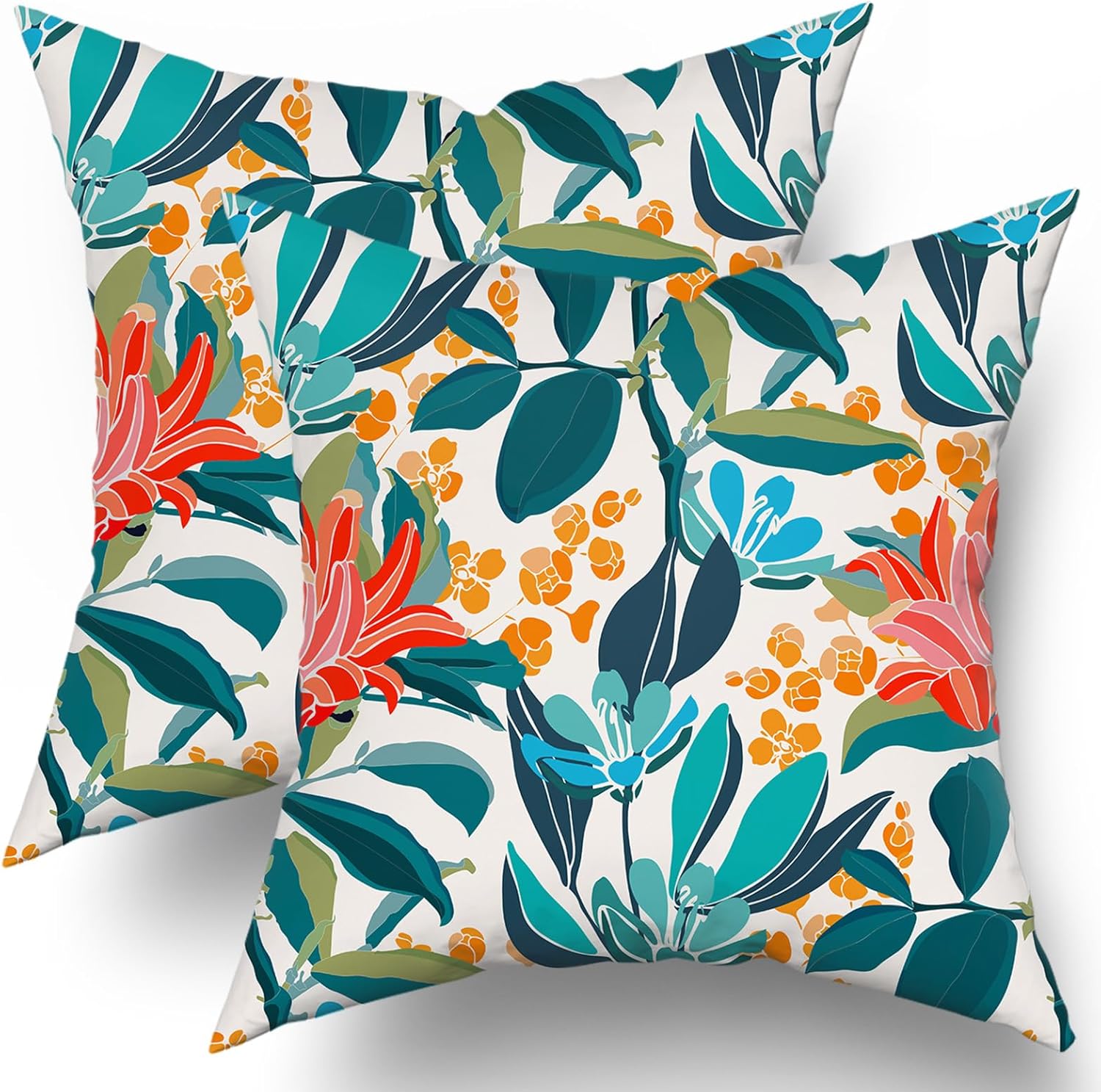 Juego de 2 fundas de almohada de 16 x 16 pulgadas con diseño floral de coral verde turquesa, hojas y flores naranjas, fundas de cojín de algodón
