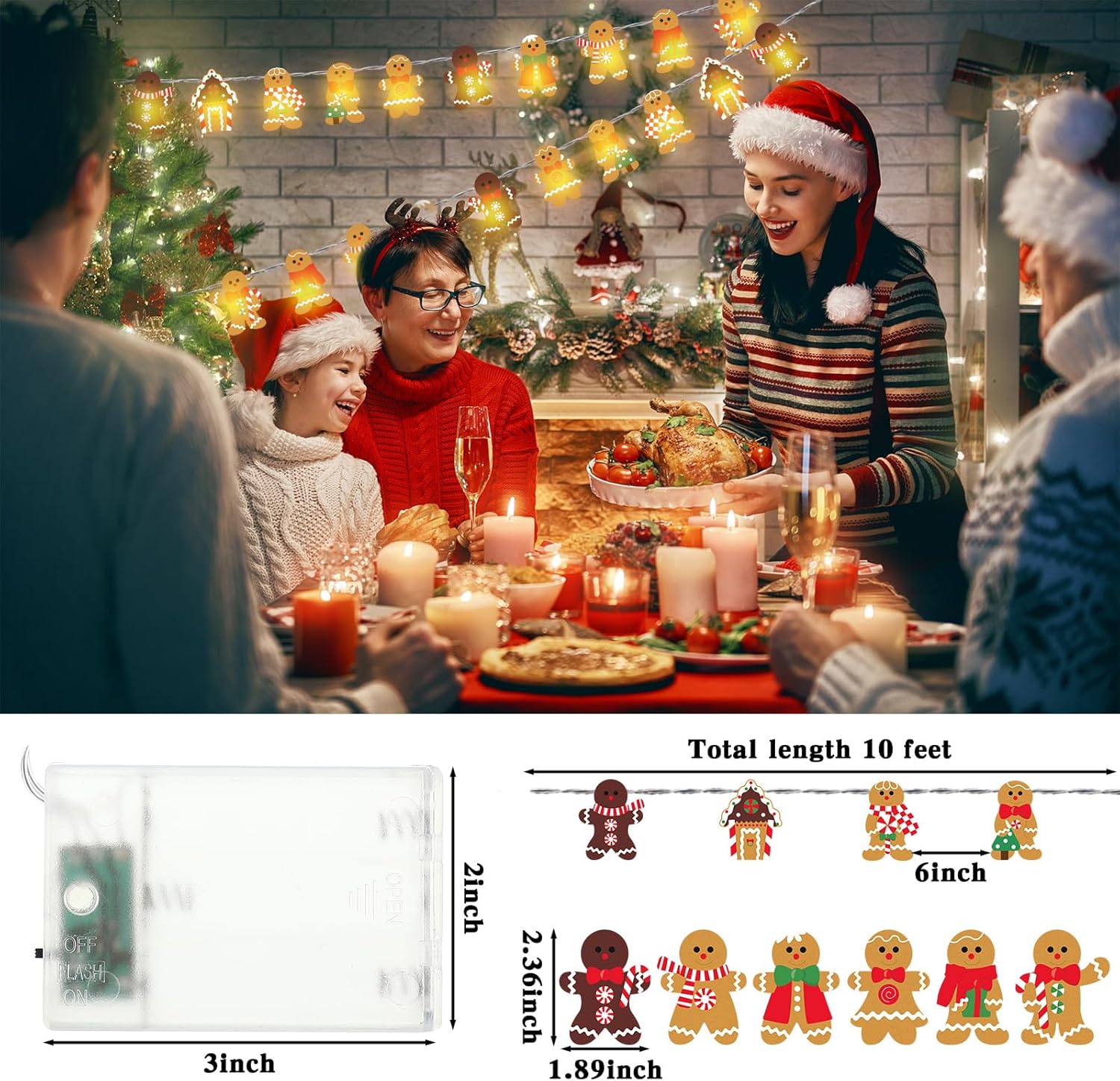 Guirnalda de luces de jengibre de Navidad, 20 luces LED de 10 pies, bonita cadena de luces colgantes de pan de jengibre para árbol de Navidad,