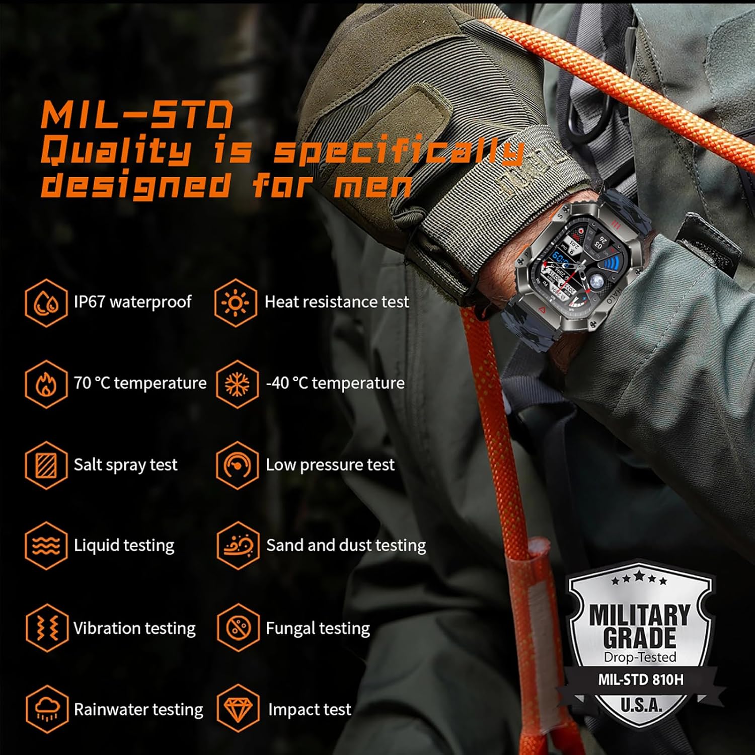 Relojes inteligentes militares para hombres (respuestahacer llamadas), reloj militar táctico, reloj inteligente para teléfonos Android e iOS con