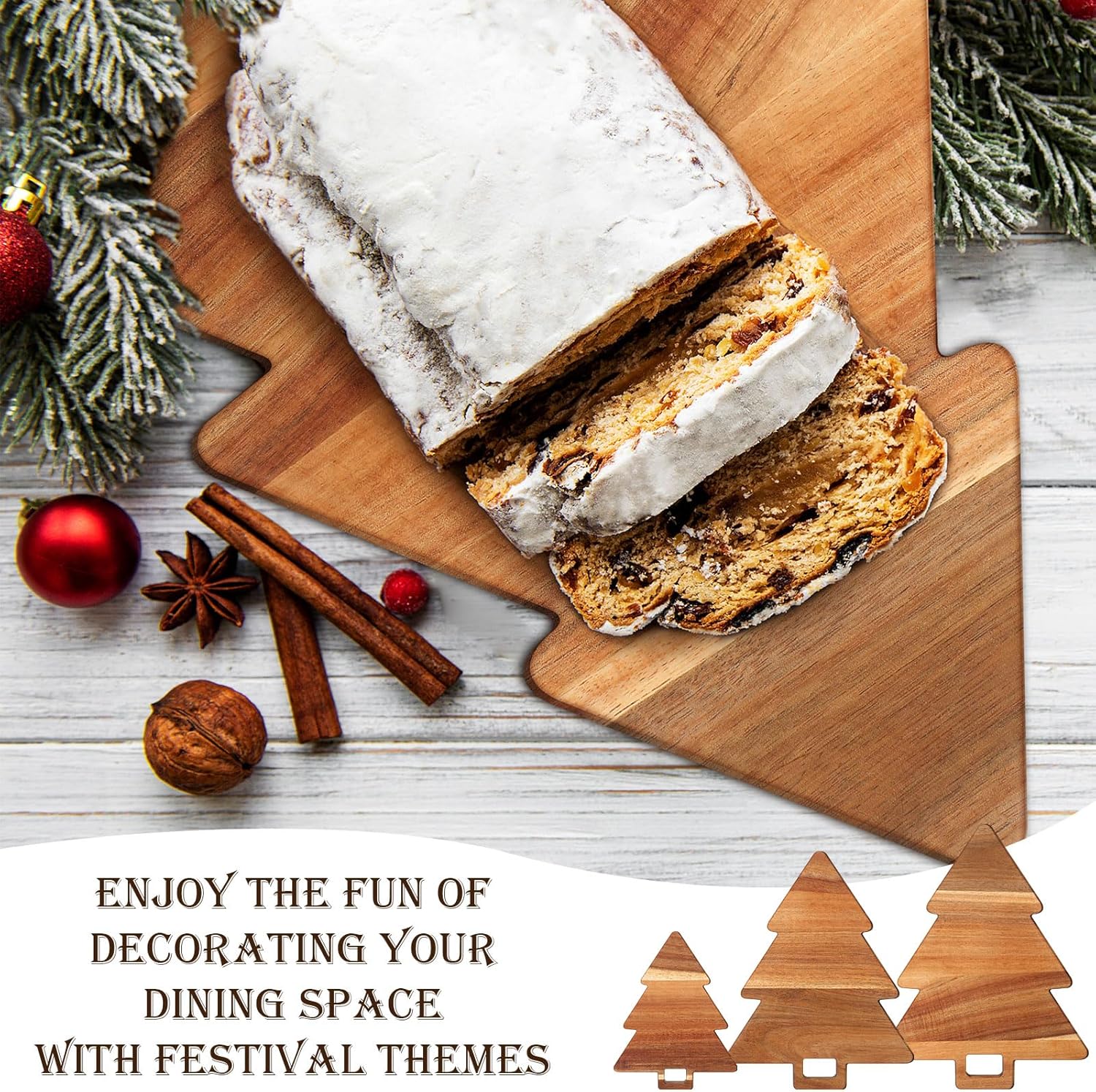 Juego de 3 tablas de cortar de cocina de Navidad con asas, accesorios de cocina de acacia orgánica, tabla de cortar en forma de árbol de Navidad,