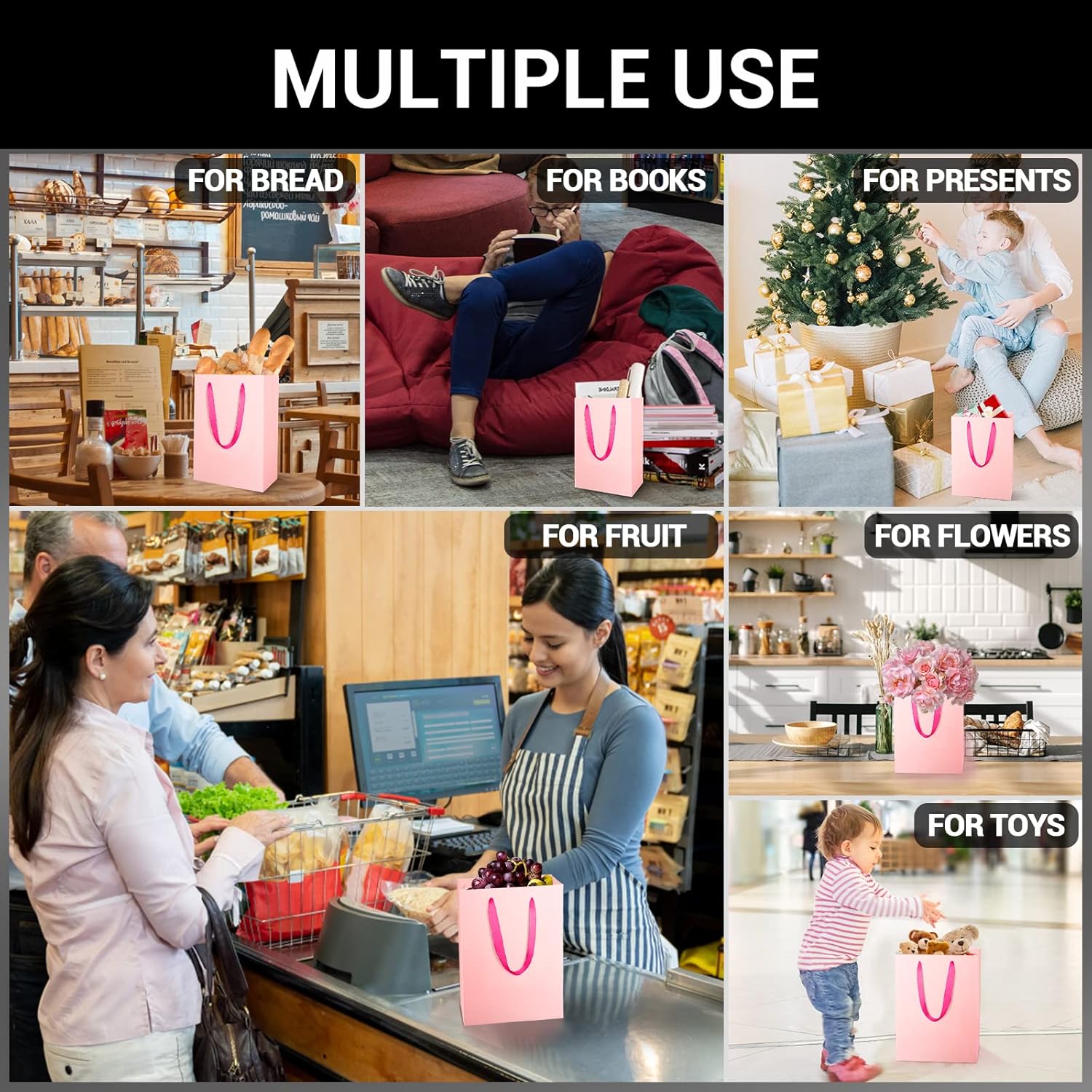 EUSOAR Bolsas pequeñas de color rosa para regalo, paquete de 12 bolsas de compras de 5.9 x 2.3 x 7.8 pulgadas con asas a granel, bolsas de regalo de