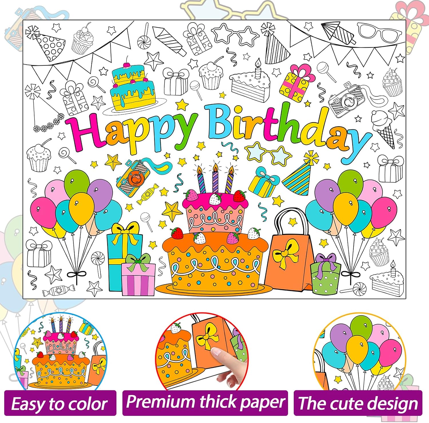 Póster para colorear de feliz cumpleaños para niños, póster gigante para colorear para aula, mantel grande de cumpleaños para colorear para pared,