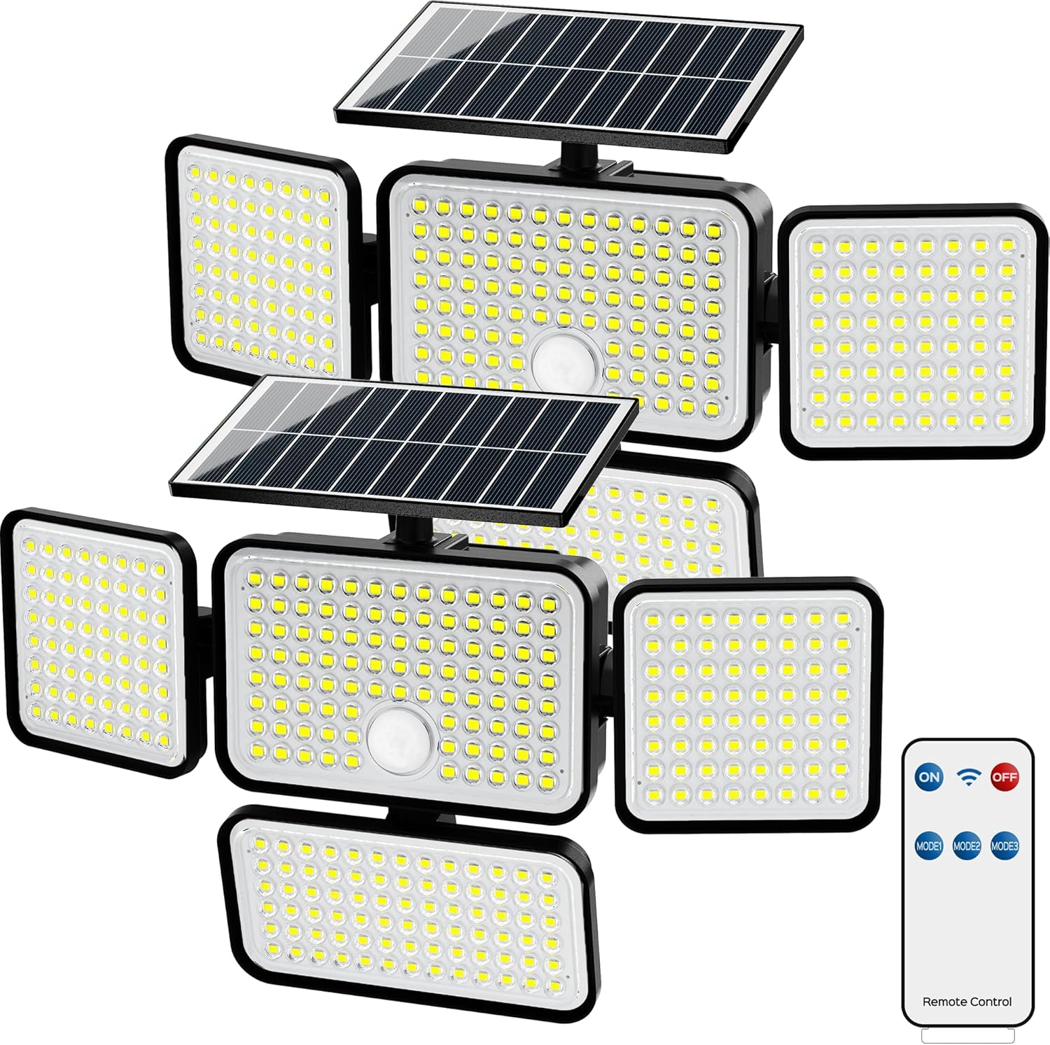 JACKYLED Luces solares para exteriores, luces solares con sensor de movimiento de 2500 lúmenes, 304 LED, 4 cabezales, luces solares para exteriores