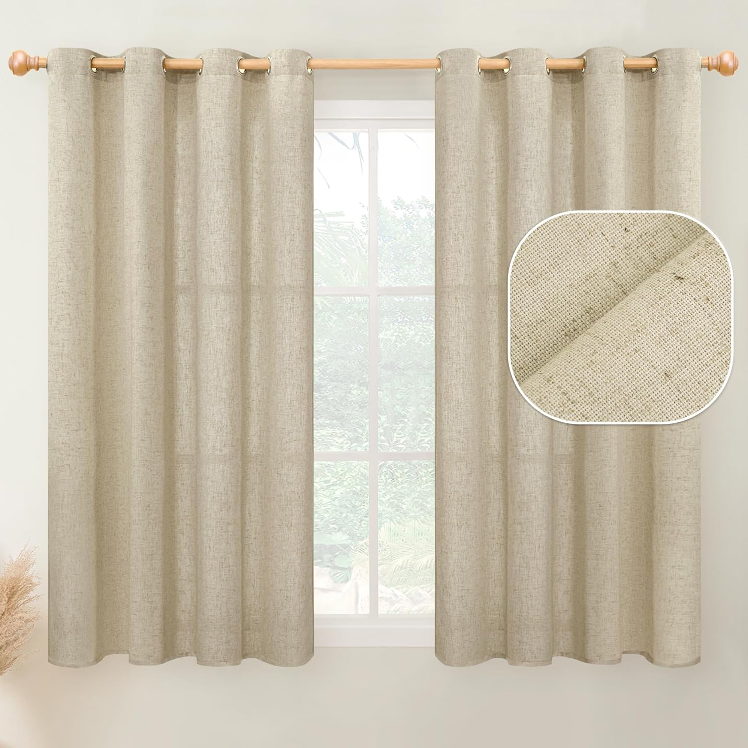 YoungsTex Cortinas de lino de arpillera de 54 pulgadas de largo, 2 paneles con ojales, cortinas cortas con textura de lino para filtrar la luz,