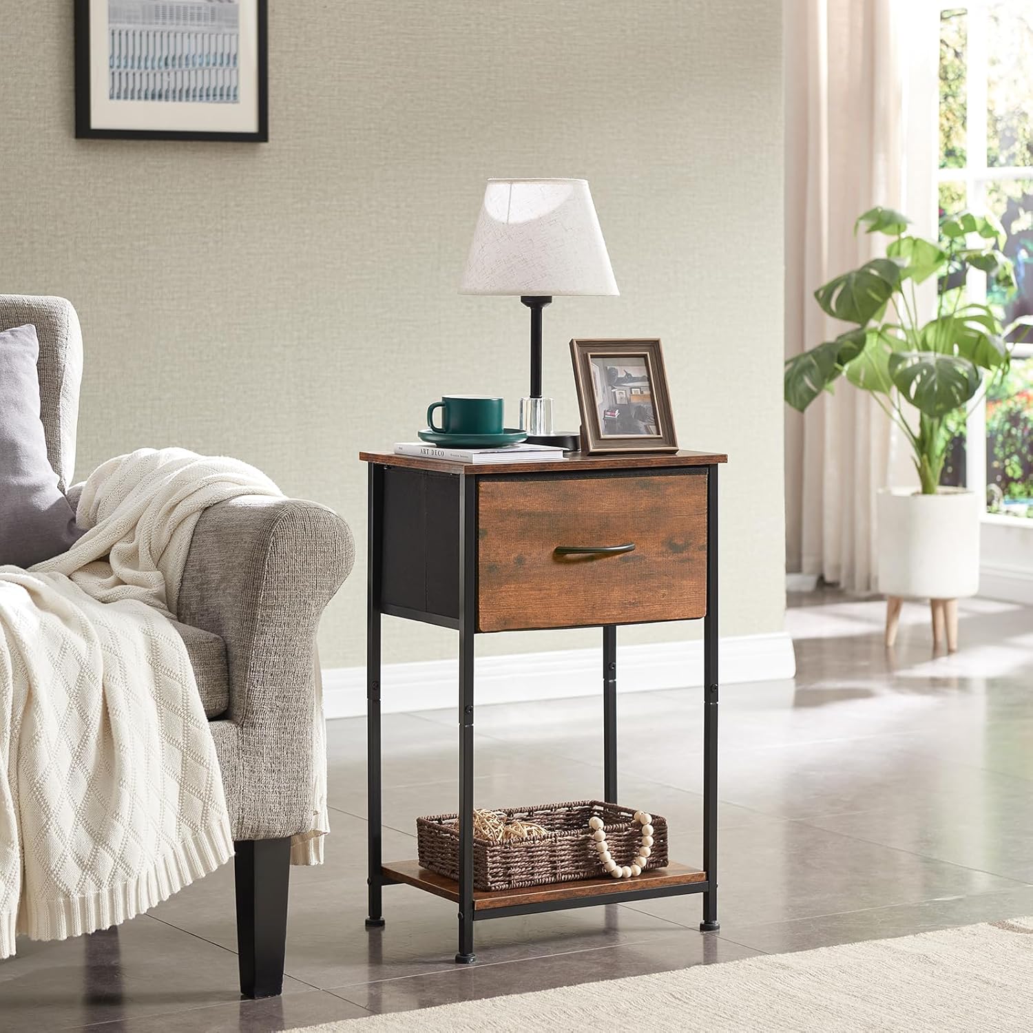 Somdot Mesita de noche, mesa auxiliar para dormitorio, habitación del bebé, sala de estar, cajón de tela extraíble, estante de almacenamiento