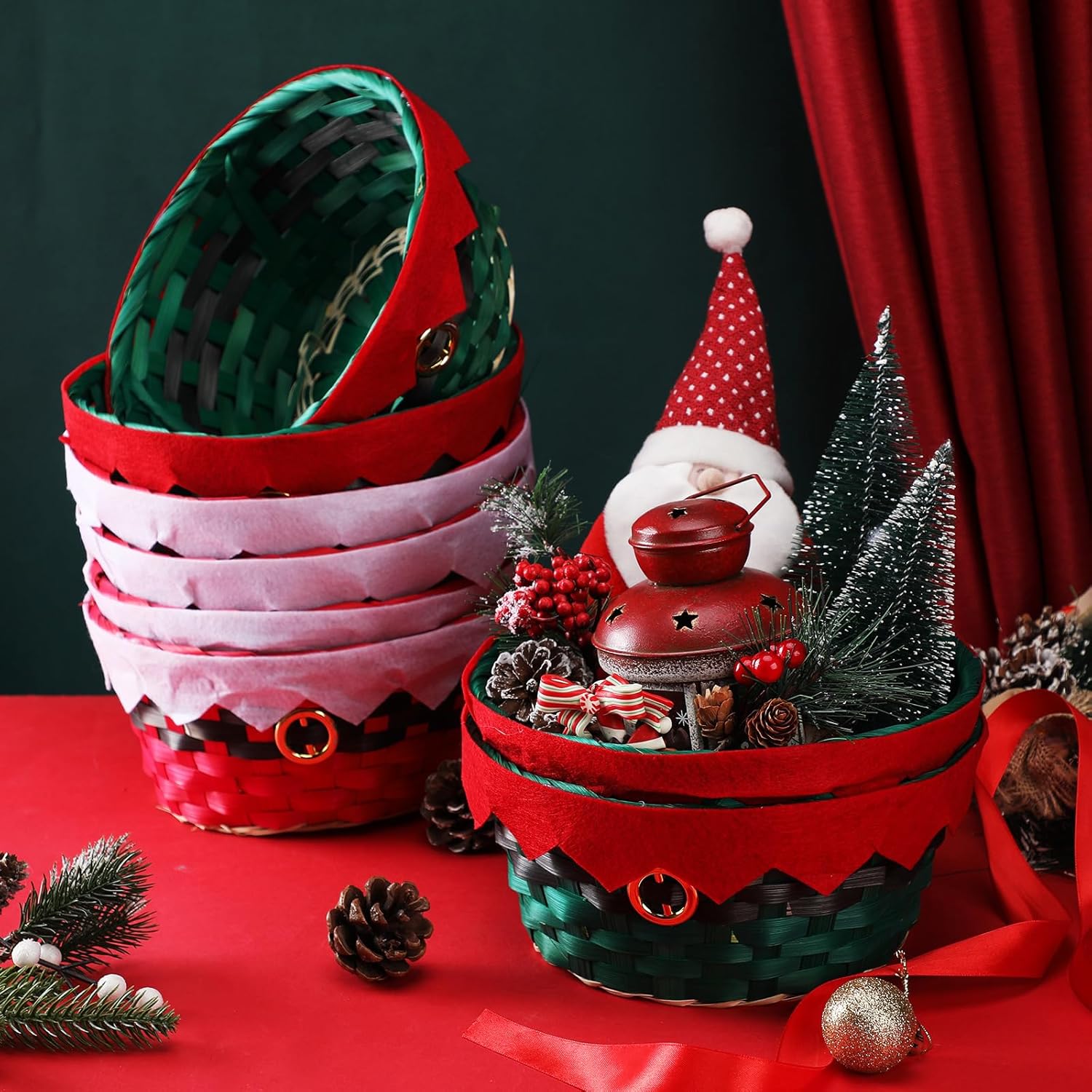 Roowest Cestas redondas de bambú de regalo de Navidad, cestas tejidas para regalos, cestas de personajes de vacaciones, cestas de regalo decorativas