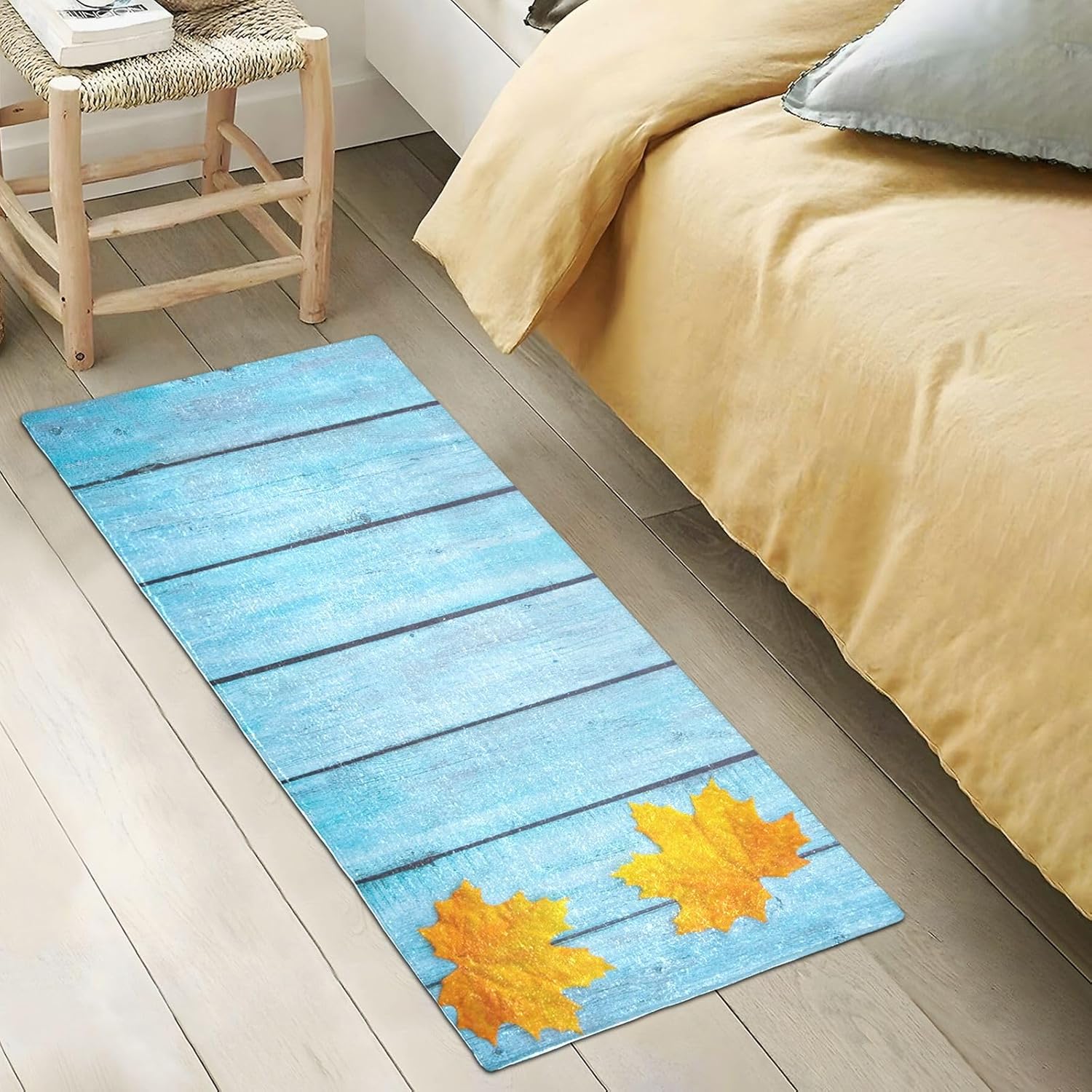 Fluffy Floor Carpet 39x20in-Vintage Wooden Board with Yellow Maple LeavesFront Door Mat Indoor Machine Washable Carpet,Aesthetic Rug