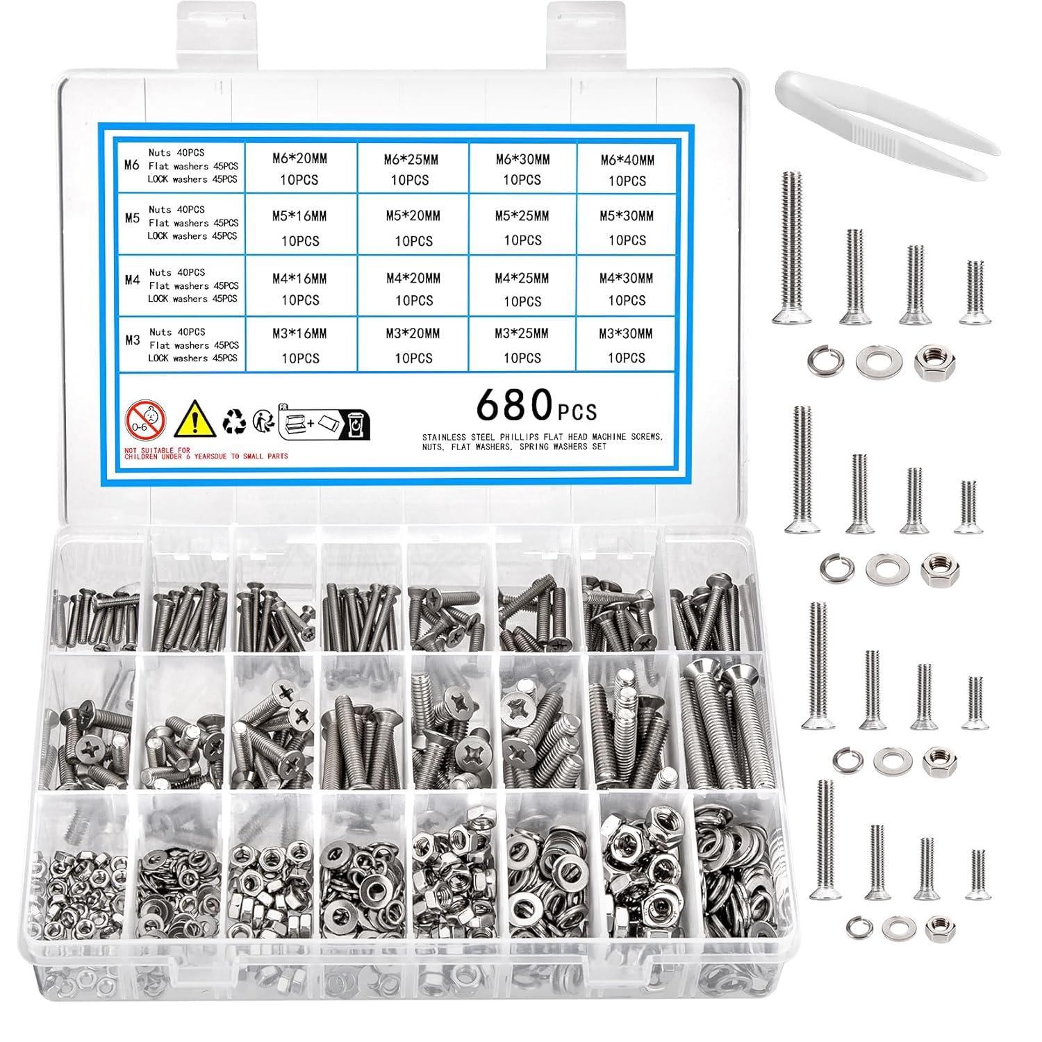 Juego de 680 tornillos Phillips, tuercas y arandelas, M3 M4 M5 M6 de cabeza plana avellanada de acero inoxidable con cabeza plana Phillips