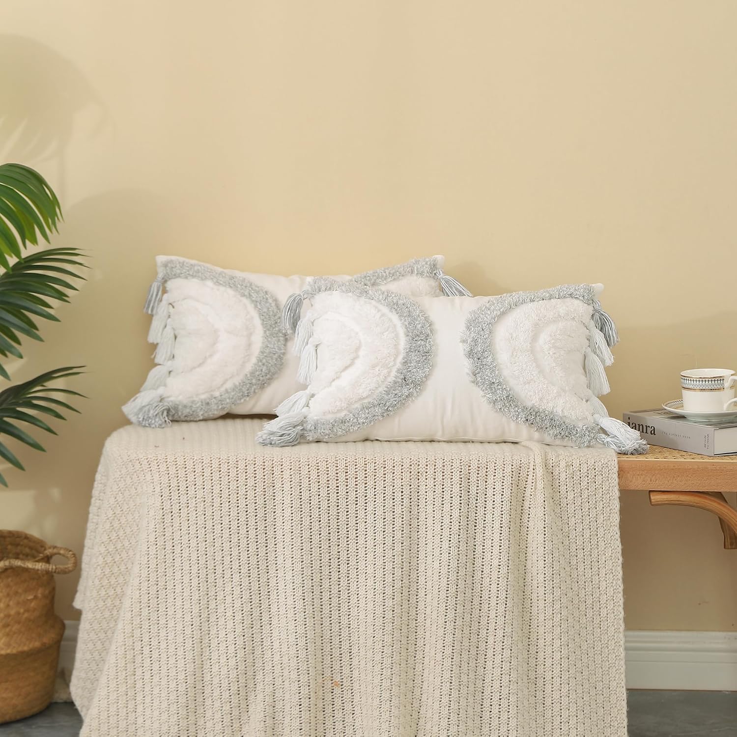 PLWORLD Fundas de almohada lumbares de media luna, estilo bohemio, copetudo, color gris y blanco, 12 x 20 pulgadas, fundas de cojín decorativas con
