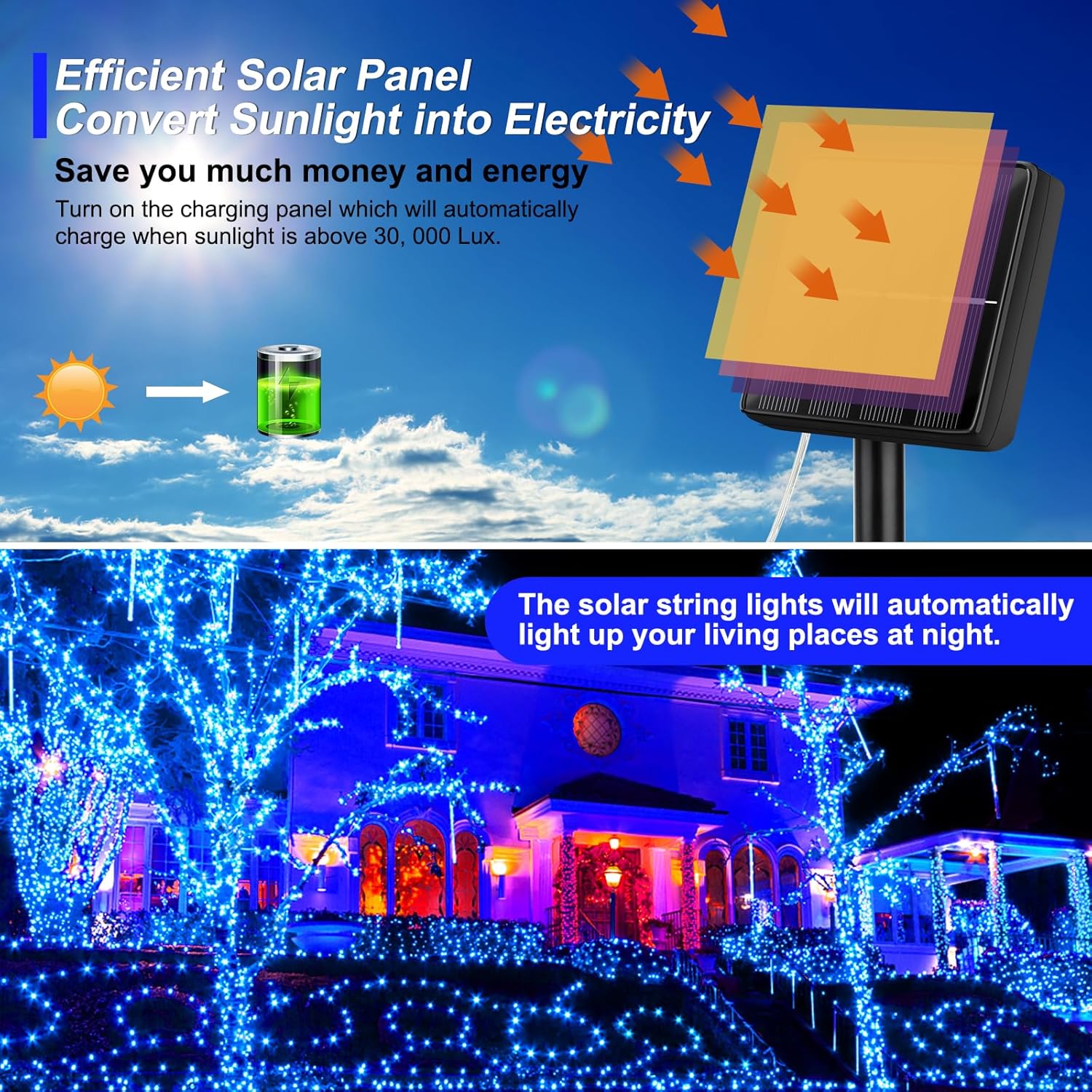 Brightever Guirnalda de luces solares impermeables para exteriores, paquete de 2 unidades de 200 luces LED parpadeantes de 78 pies, cada una de 39