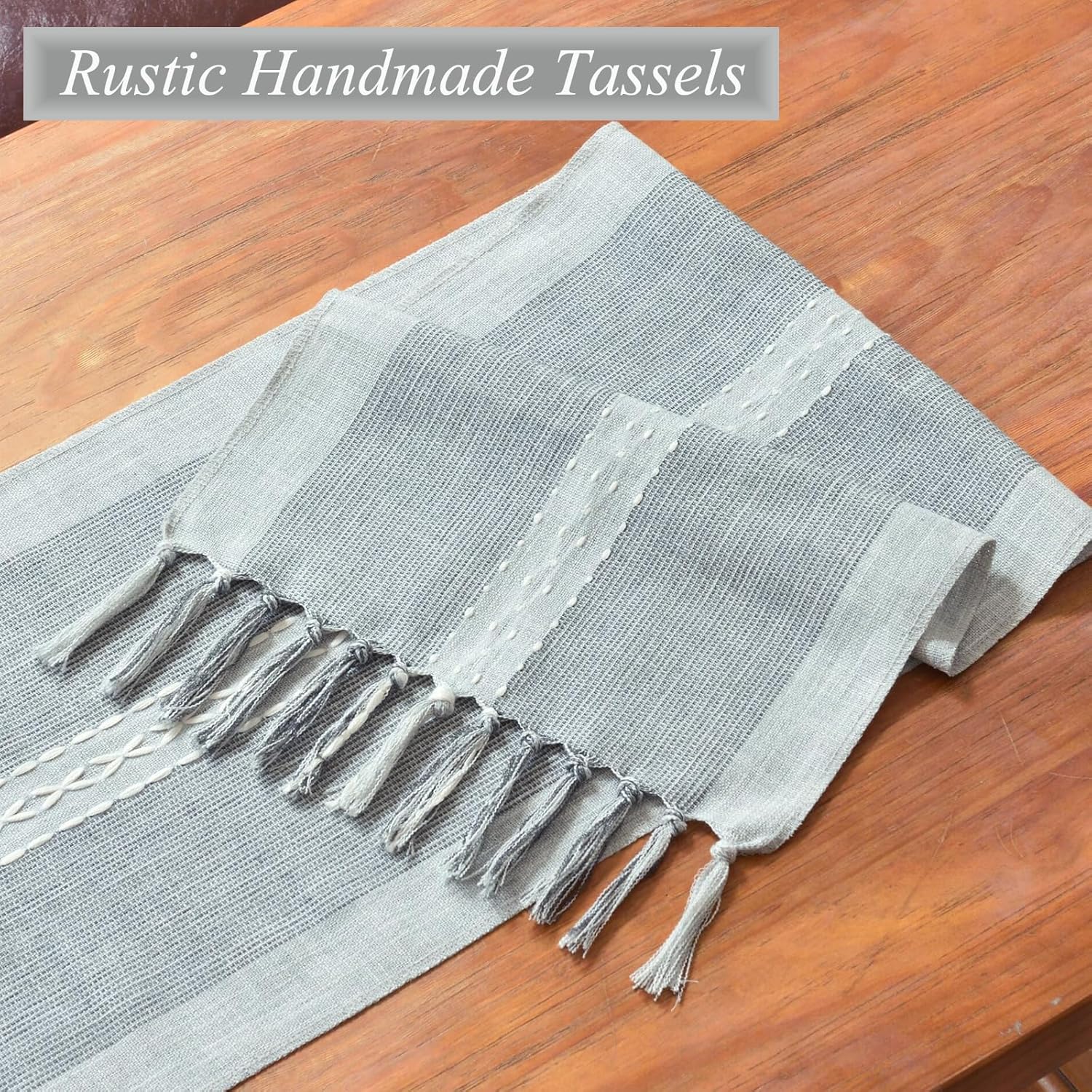 Wracra Camino de mesa bordado de lino de 108 pulgadas de largo con borlas a mano para decoración de fiestas de vacaciones, bodas y comedor (gris, 13