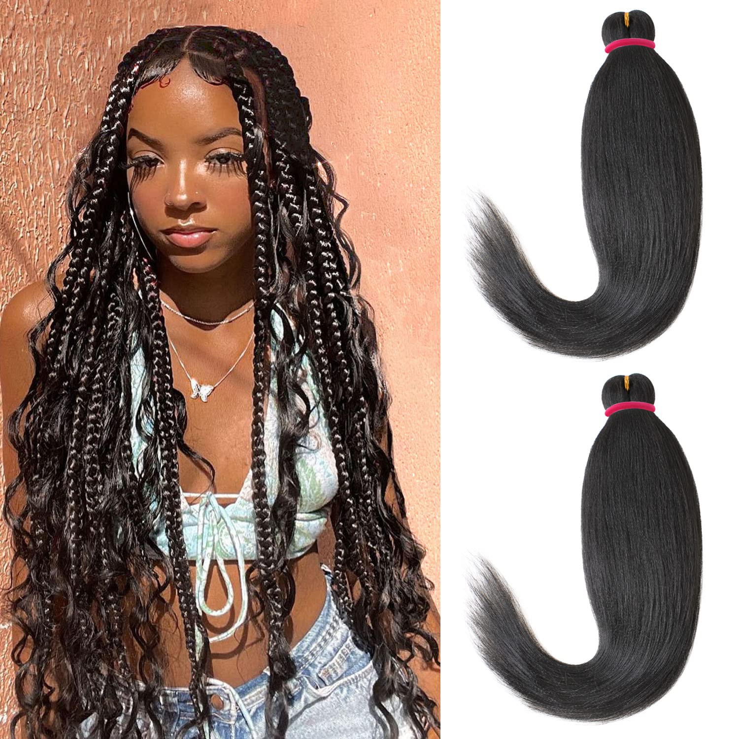 Leeven 2 paquetes de cabello negro para trenzar de 26 pulgadas, preestirado, fácil para trenzar el cabello, textura Yaki, cabello trenzado