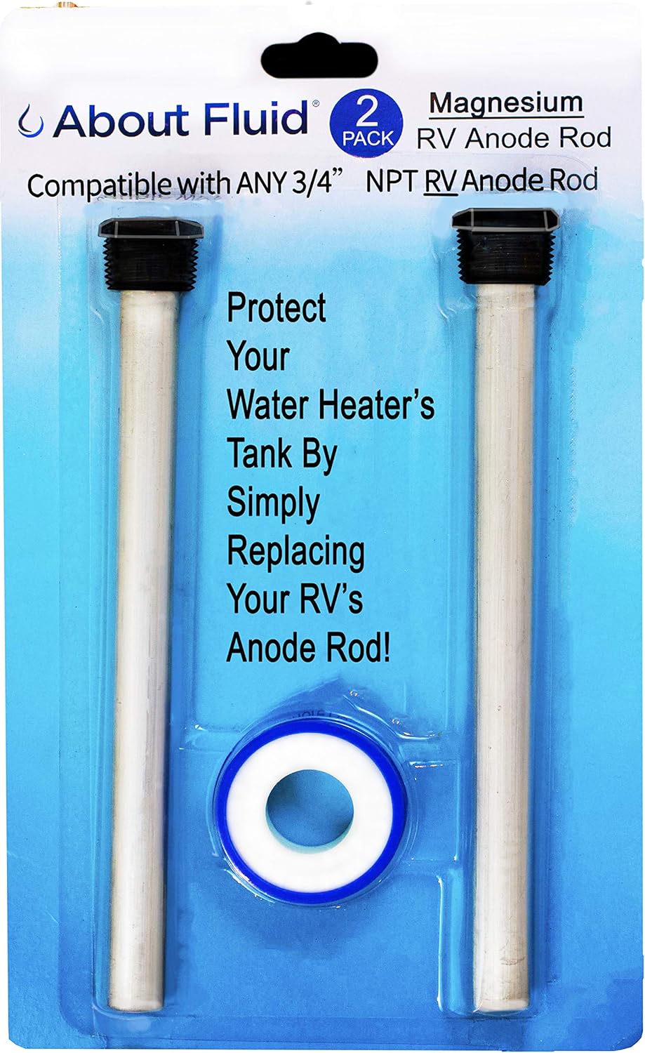 Barras de ánodo de magnesio RV de About Fluid Michigan, paquete de dos, lo mejor para agua de la ciudad, incluye rollo de teflón grande. Se adapta a
