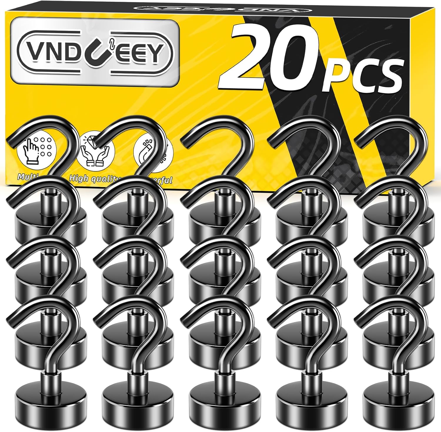 VNDUEEY Paquete de 20 ganchos magnéticos negros, ganchos magnéticos fuertes de 25 libras para colgar, ganchos magnéticos de metal resistentes,