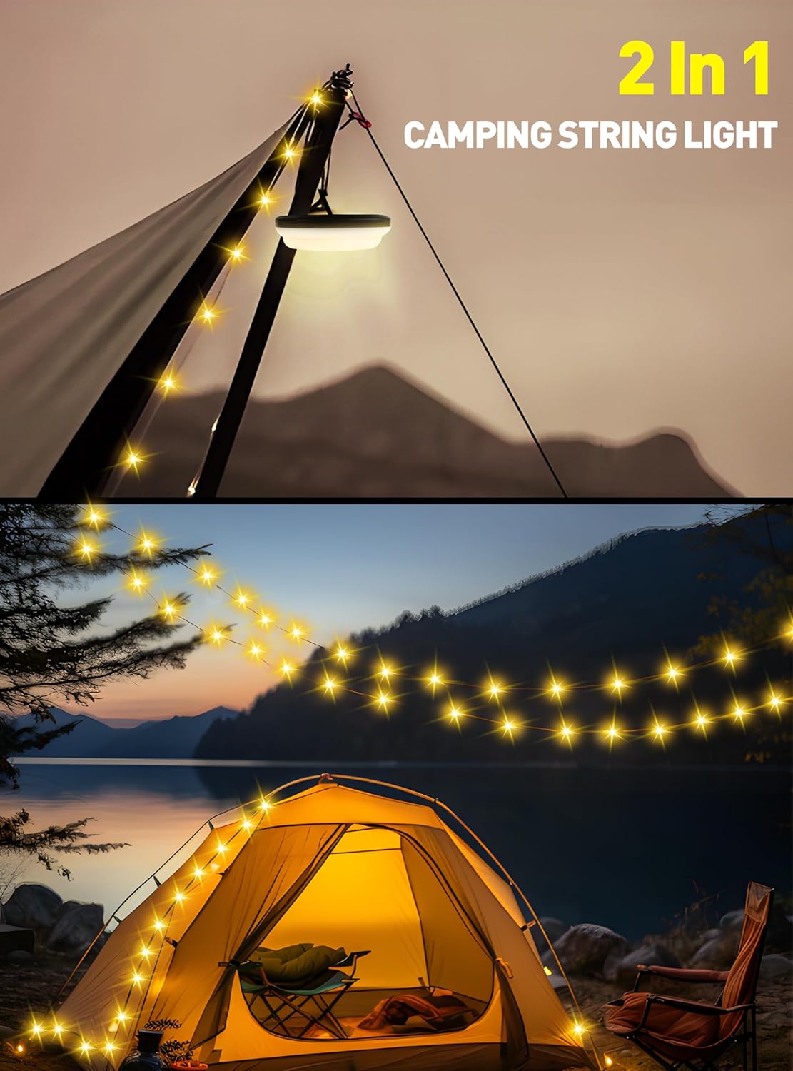 Favourlite Linterna de campamento con cuerda, 5 modos de iluminación de 33 pies, cadena de luces para exteriores, 2 en 1, recargable por USB,