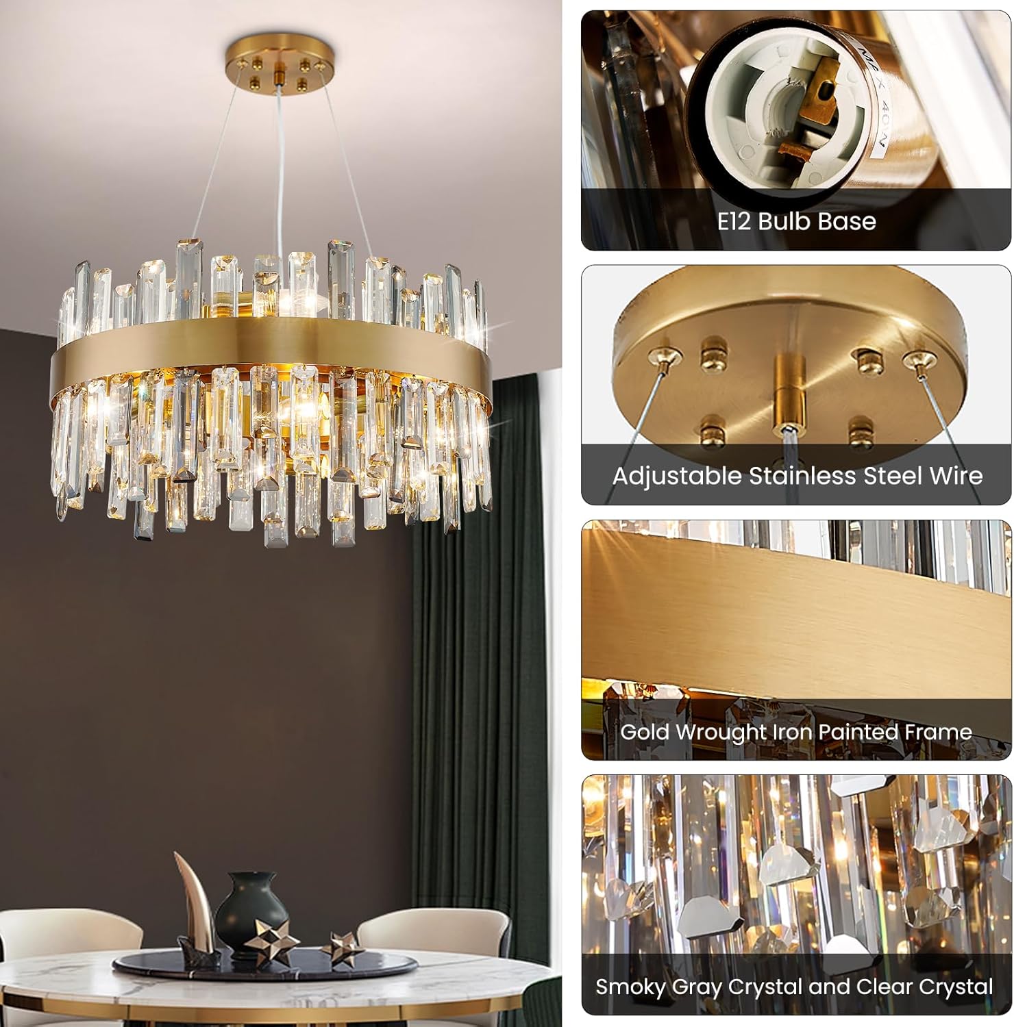NOXARTE Candelabro redondo de cristal de lujo de 19.7 pulgadas, lámpara colgante moderna con alambre ajustable, lámpara dorada para comedor, sala de
