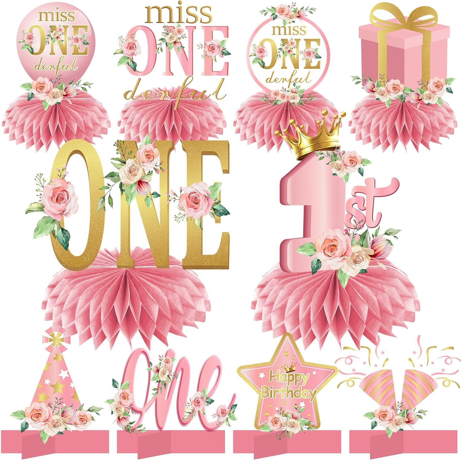 10 piezas de decoración de cumpleaños de Miss Onederful, centros de mesa de panal para niñas bebés, color oro rosa y oro rosa para primer