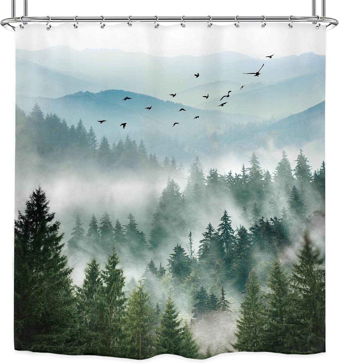 Riyidecor Cortina de ducha de bosque brumoso, 72 pulgadas de ancho x 72 pulgadas de alto, montaña brumosa, árbol ahumado, montaña, naturaleza, pino,