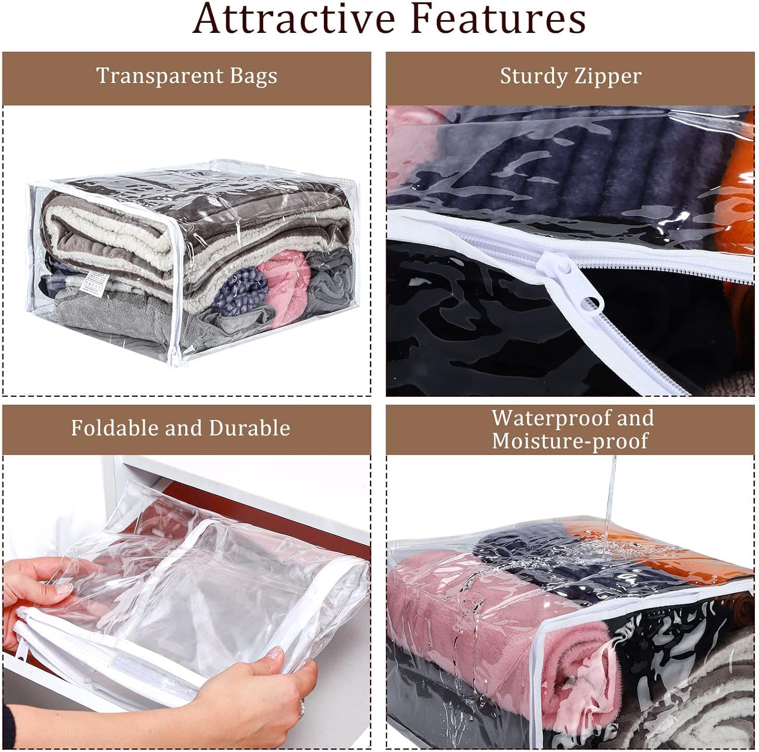 Paquete de 6 bolsas de almacenamiento transparentes con cremallera, bolsas de almacenamiento de plástico para mantas, ropa de cama, organizador de