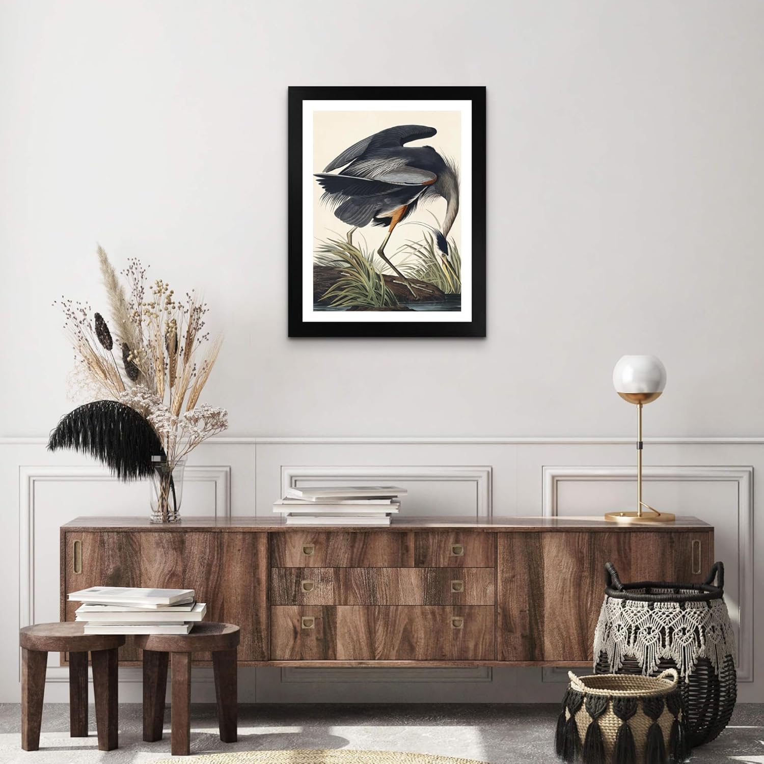 Lost Cabin Great Blue Heron de James Audubon  Impresión enmarañada en marco plano negro  Reproducción de pinturas de obras de arte finas  Póster