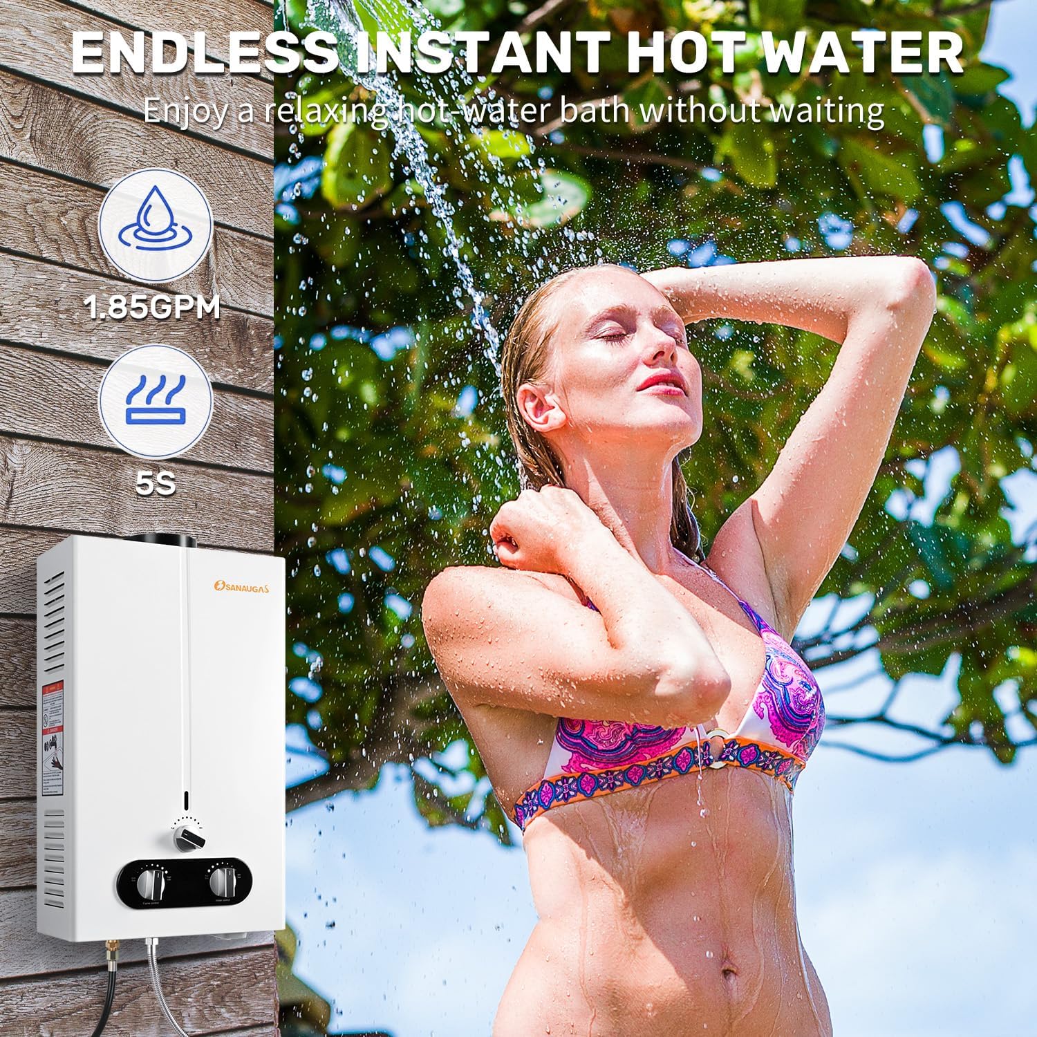 Calentador de agua de propano sin tanque, 1.85GPM 7L, calentador de agua caliente instantáneo portátil, uso al aire libre para RV, cámper, remolque