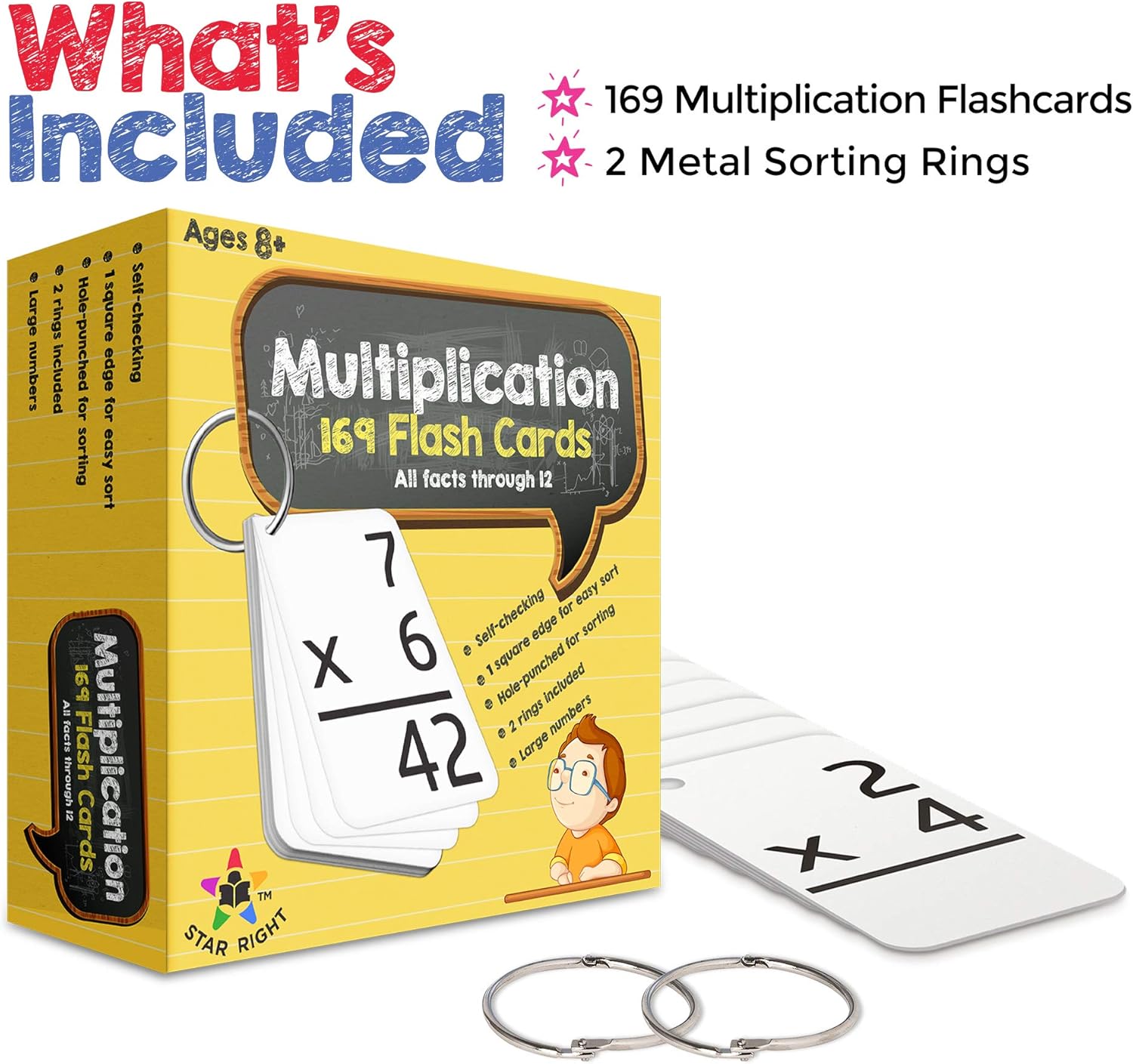 Tarjetas de multiplicación Star Right, 0-12(169 tarjetas) con 2 anillos
