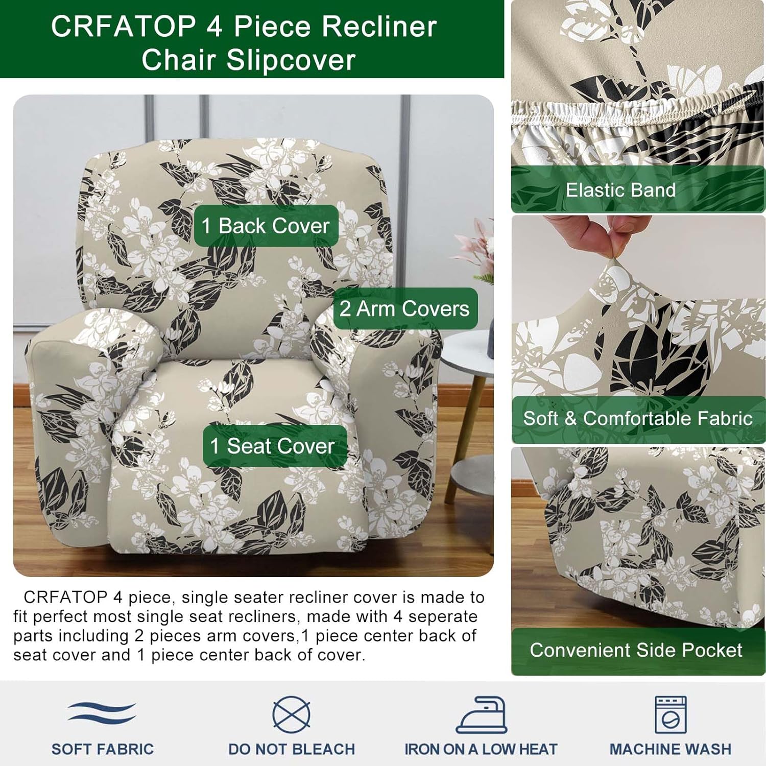 CRFATOP Fundas elásticas para sillón reclinable, 4 piezas, fundas para sillón reclinable con bolsillos de almacenamiento, protector de muebles para