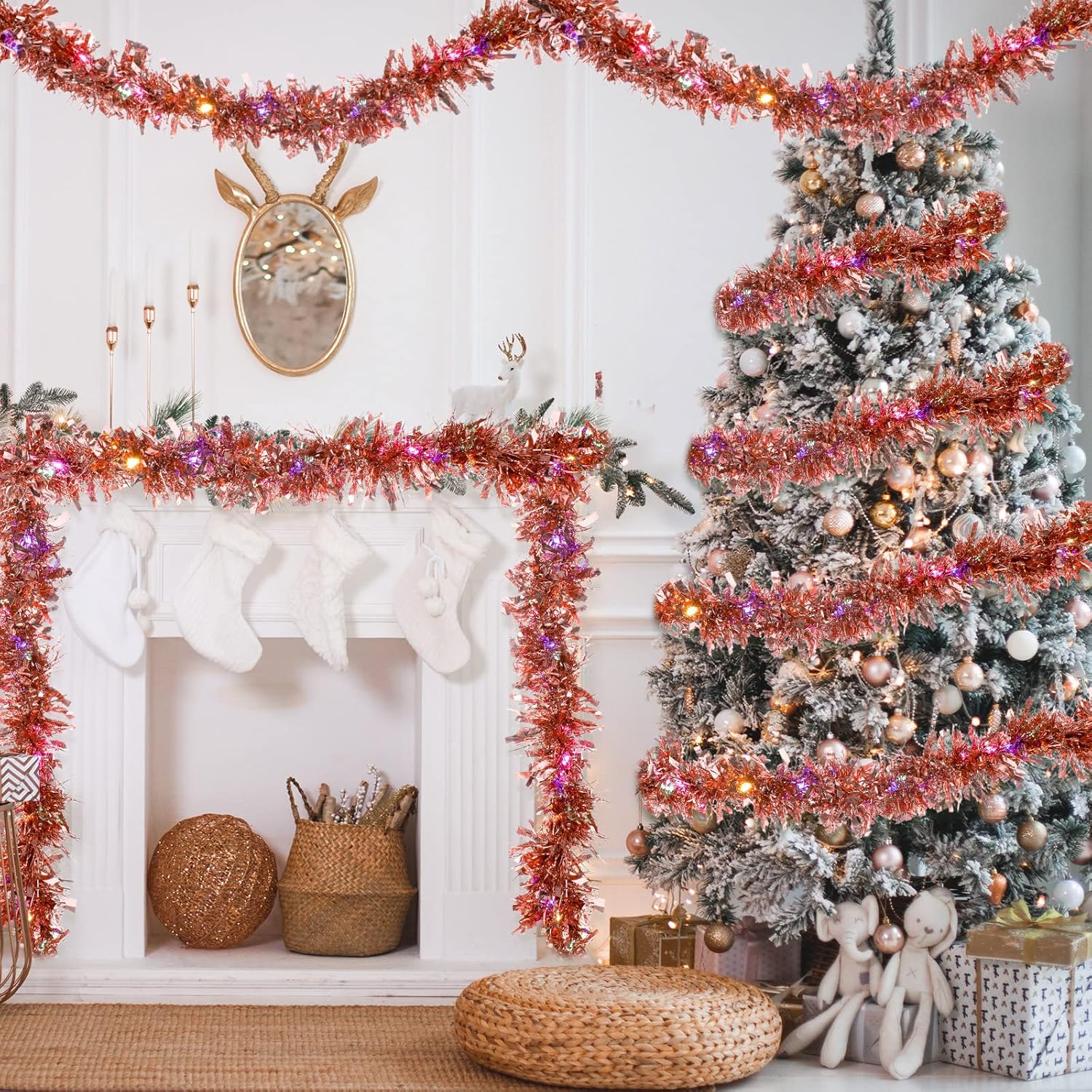 Hotop Guirnalda de oropel preiluminada de Navidad de 39.4 pies con 180 luces LED colgantes de 59 pies, guirnalda metálica giratoria con luces para