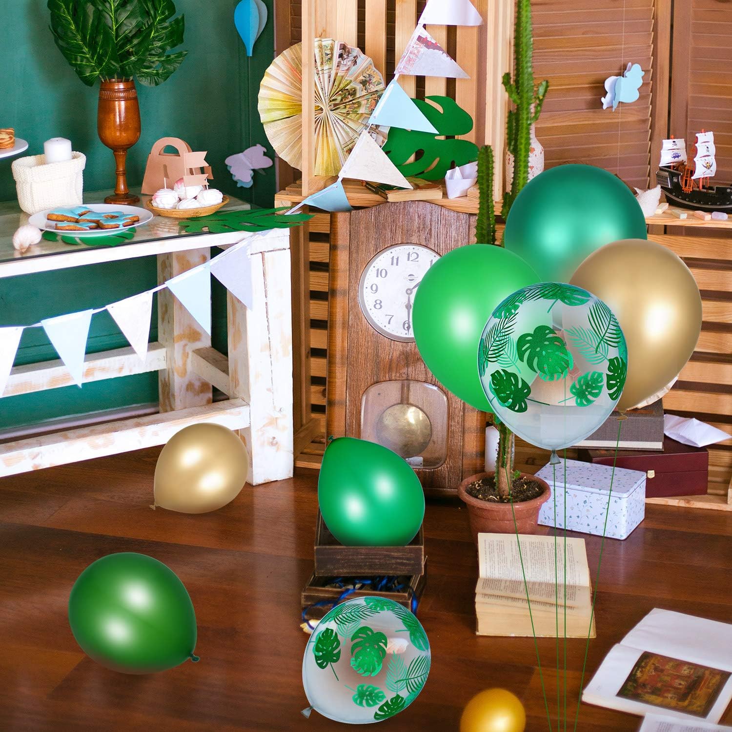80 globos temáticos de safari en la selva, globos de hojas de palma, globos cromados metálicos, globos de látex verde para cumpleaños, suministros