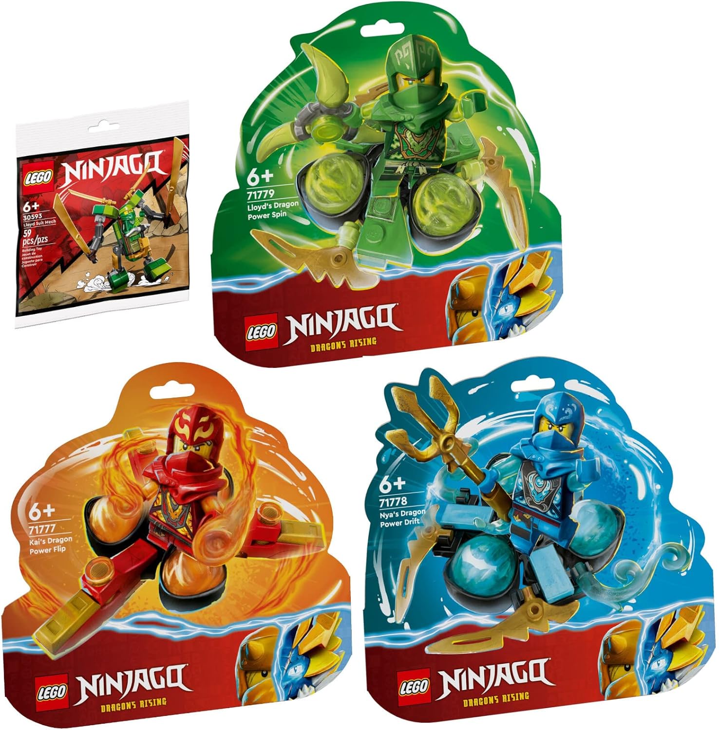 Lego Ninjago Set of 4 71777 Kai’s Dragon Power Spinjitzu Flip, 71778 Nya’s Dragon Power Spinjitzu Drift, 71779 Lloyds Dragon Power Spinjitzu Spin &