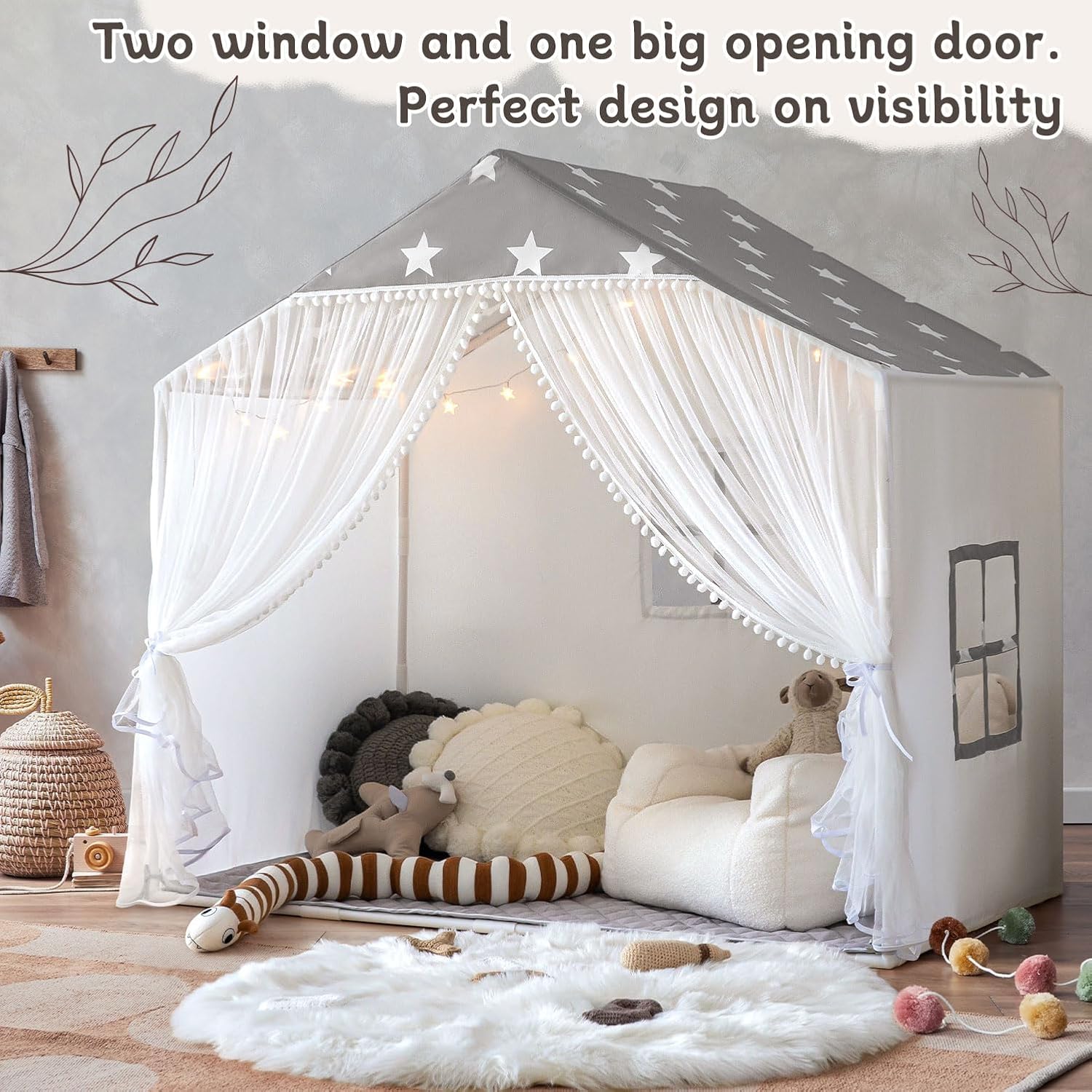 Tienda de campaña para niños con alfombra, tienda de campaña grande con cortinas de puerta de pompones, casa de juegos para niños para niñas y
