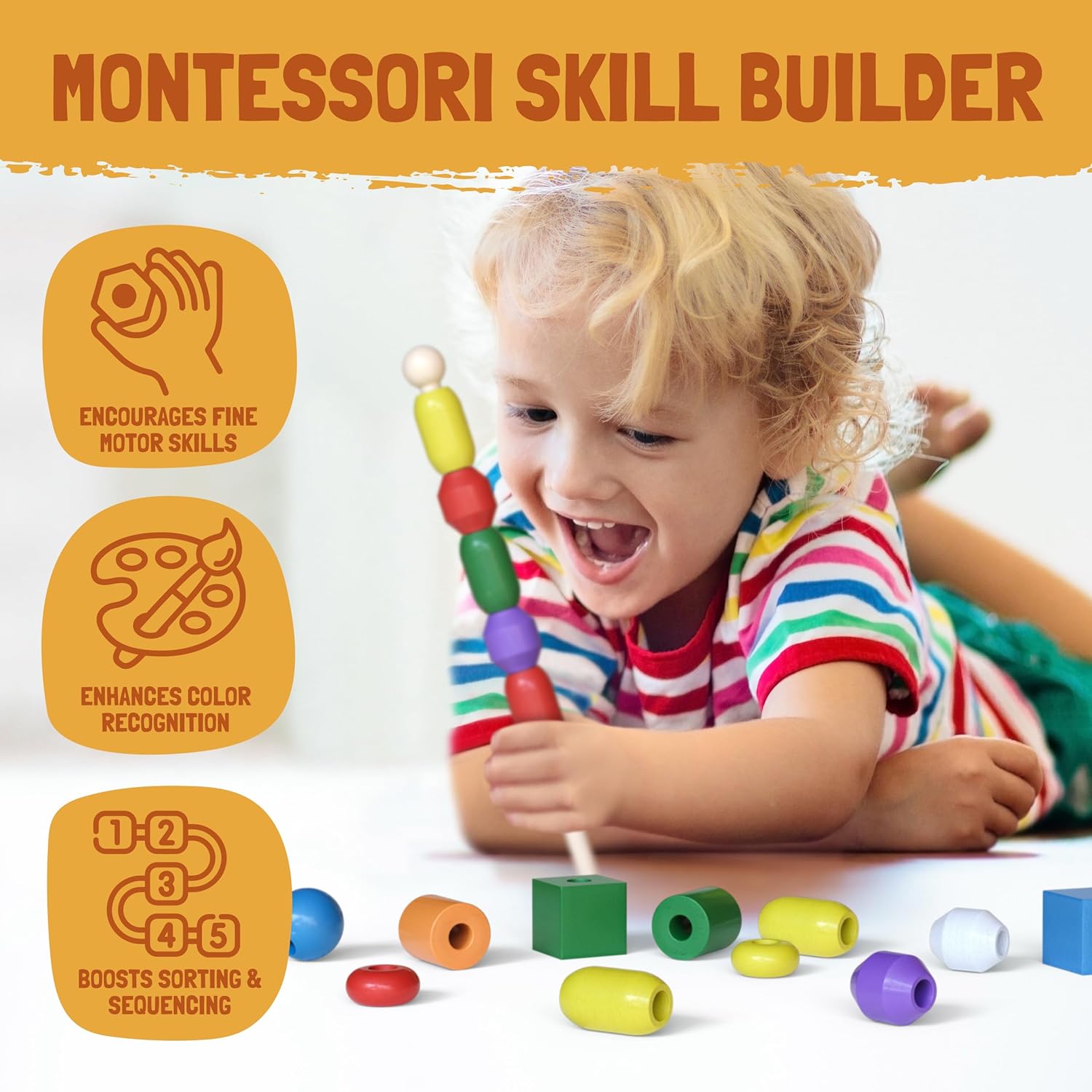 Helomor Toys Montessori – Juguete de cuentas de madera para niños pequeños, juego de secuenciación de cuentas, clasificación y apilamiento para