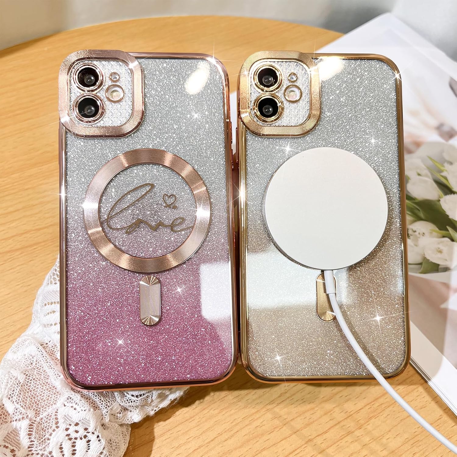 Fiyart Funda compatible con iPhone 12, compatible con MagSafe Love con protección de cámara, transparente, purpurina magnética para mujeres y niñas,