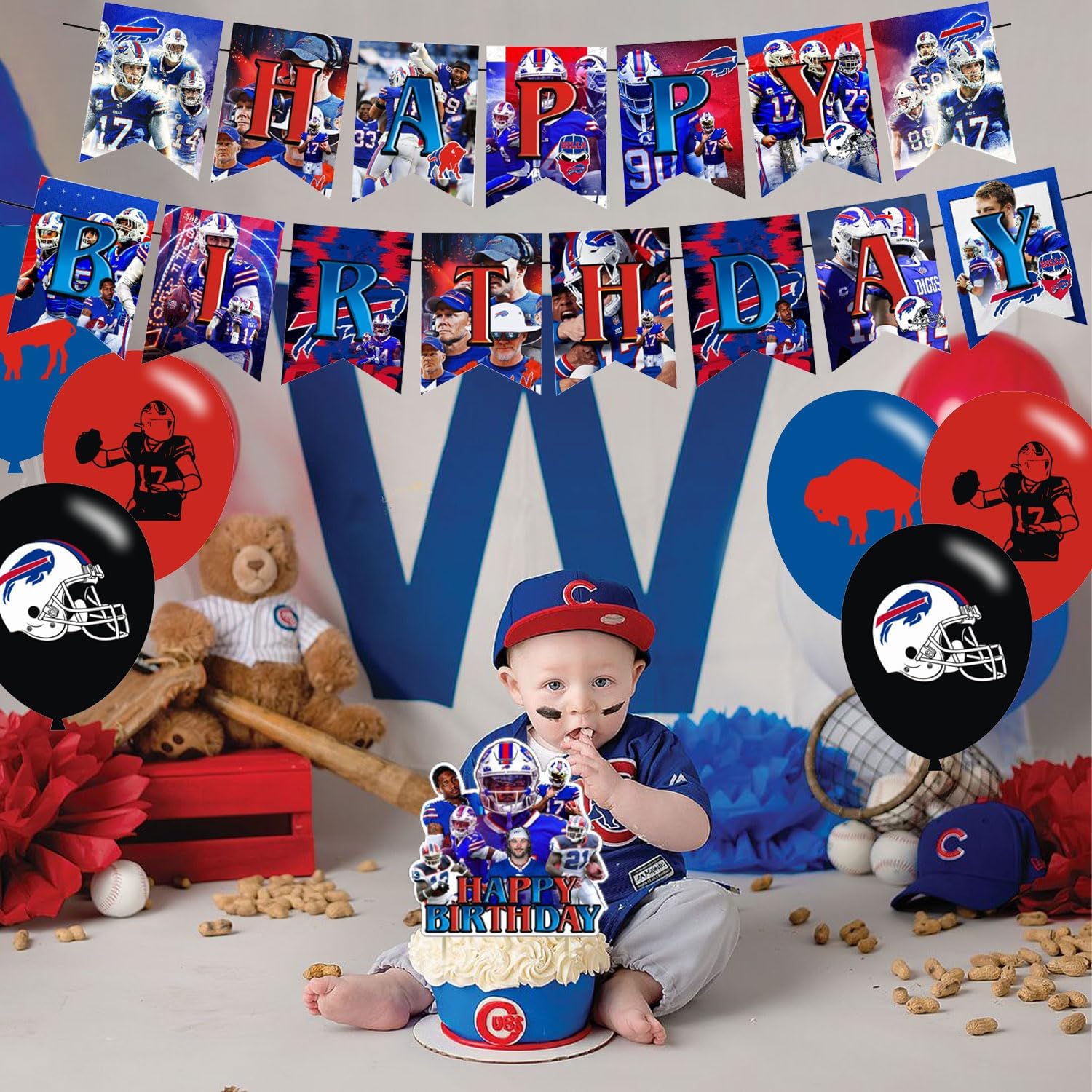 Bills – Decoraciones para fiestas, suministros de fiesta de cumpleaños para fiesta de fútbol de búfalo, incluye pancarta, decoración para tartas, 12