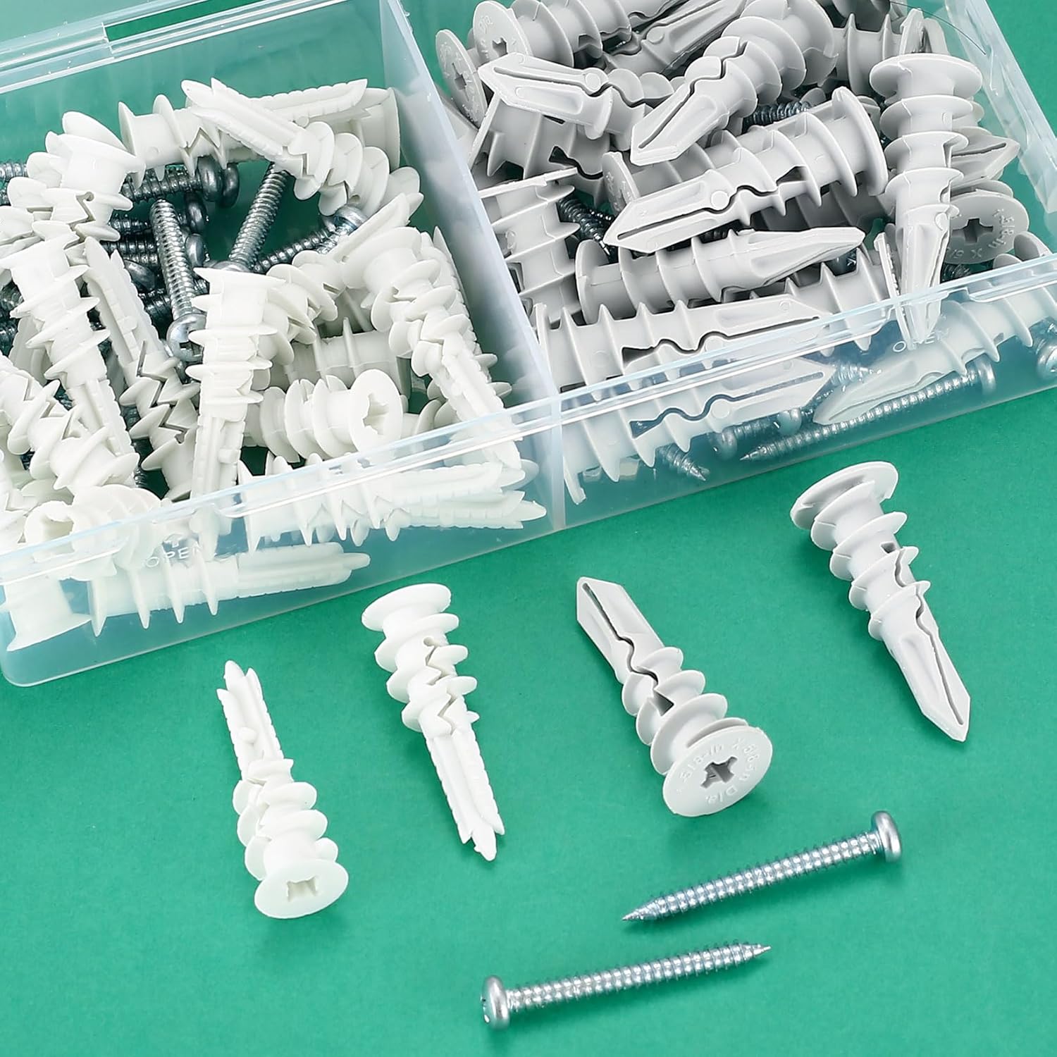 #8 Kit de anclajes y tornillos para paneles de yeso, 100 anclajes de pared autoperforantes y tornillos para paneles de yeso, incluye 50 anclajes de