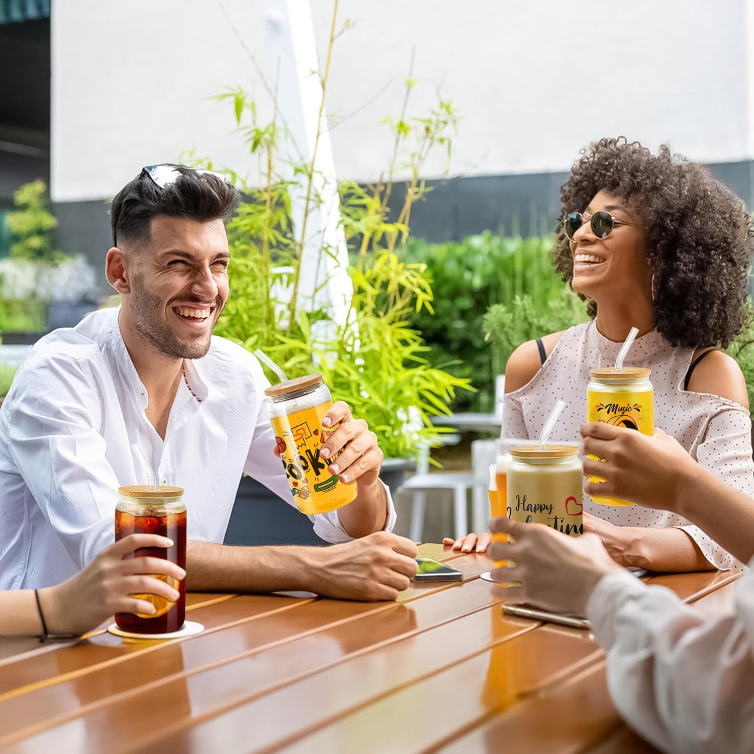 FECBK Vasos de vidrio de sublimación de 16 onzas con forma de lata de sublimación con tapa de bambú, popote de vidrio y cepillo de limpieza, lata de
