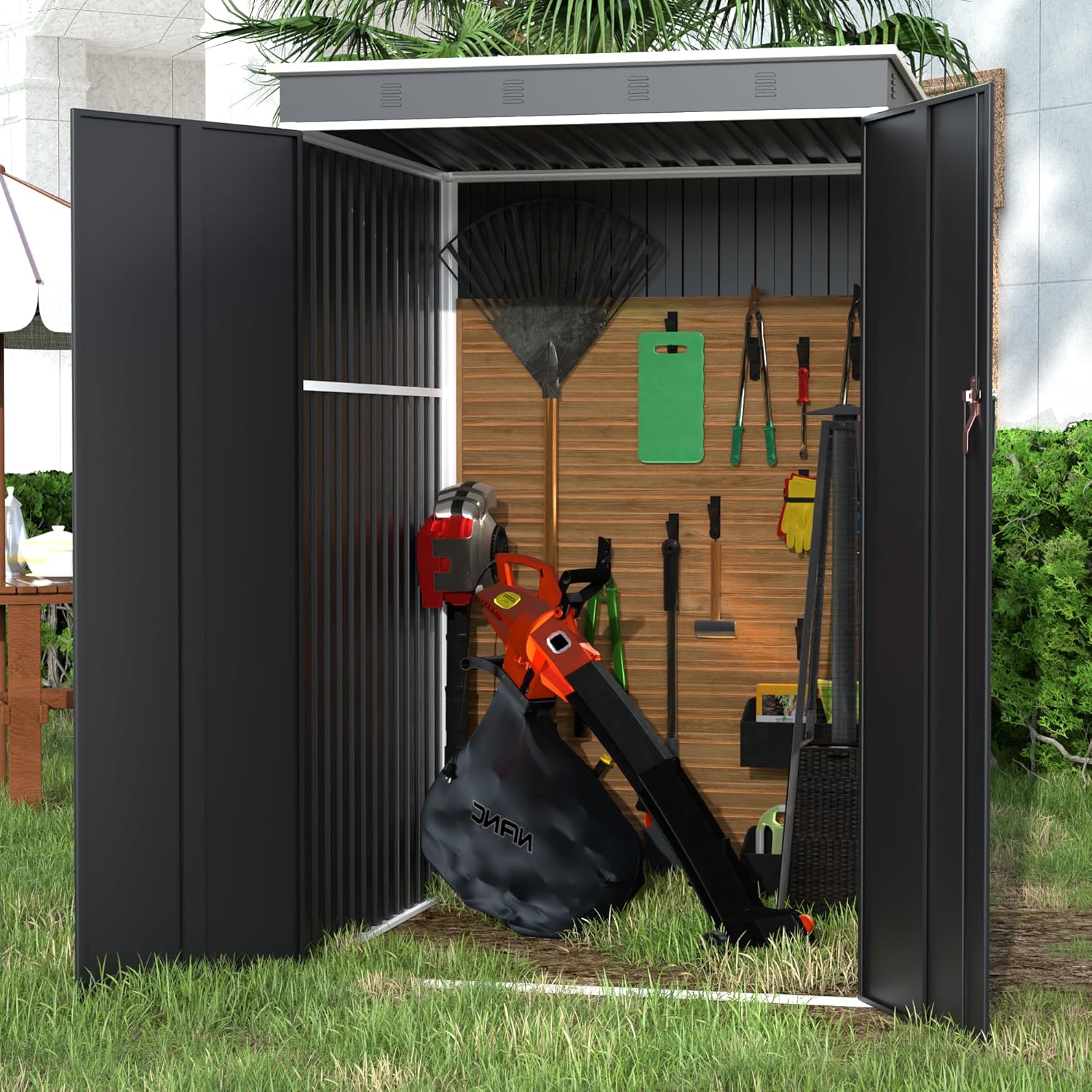 Aobabo Cobertizo de almacenamiento de metal para exteriores, cobertizo de herramientas de acero de 4 x 4 pies con puerta y cerradura, cobertizos de