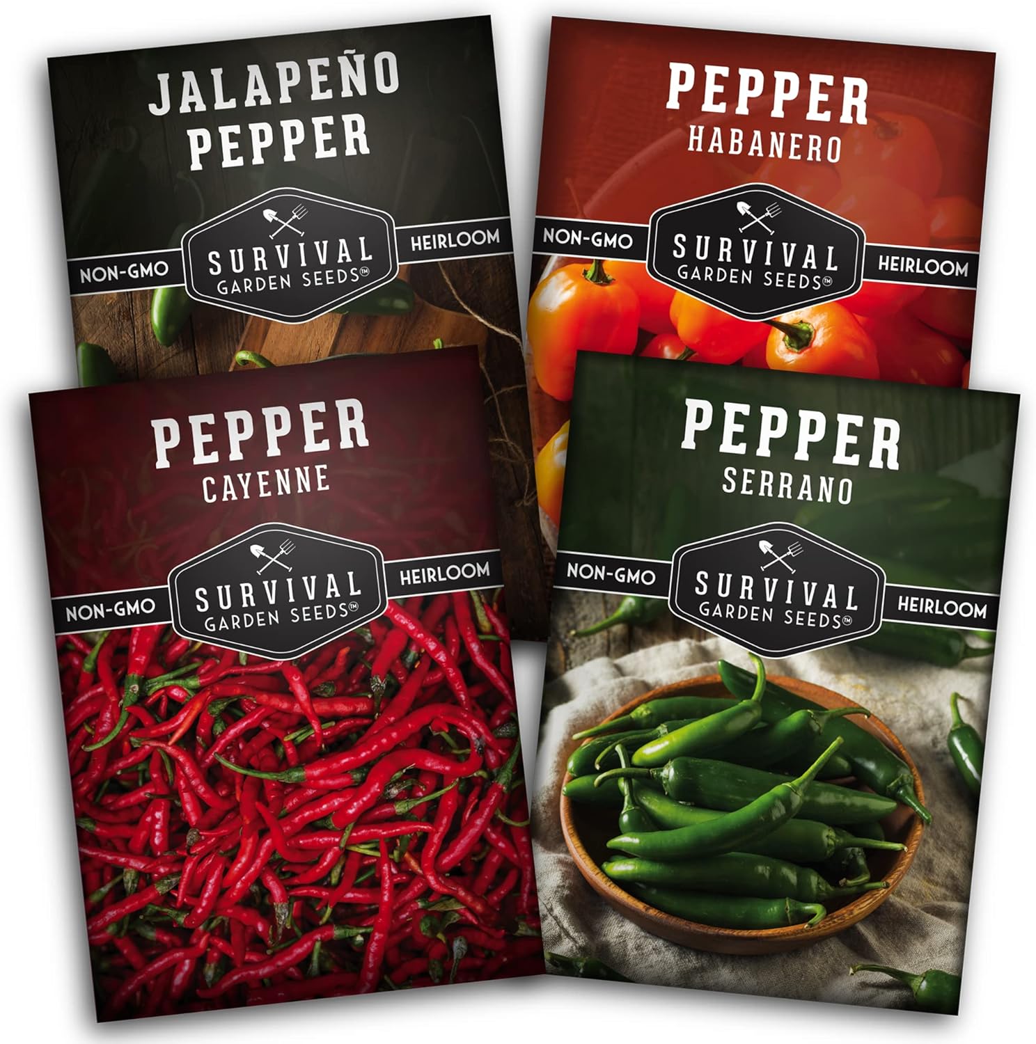 Survival Garden Seeds Bóveda de semillas de colección de pimientos picantes  Cayena, Habanero, Jalapeño y Serrano Paquetes de semillas para cultivar