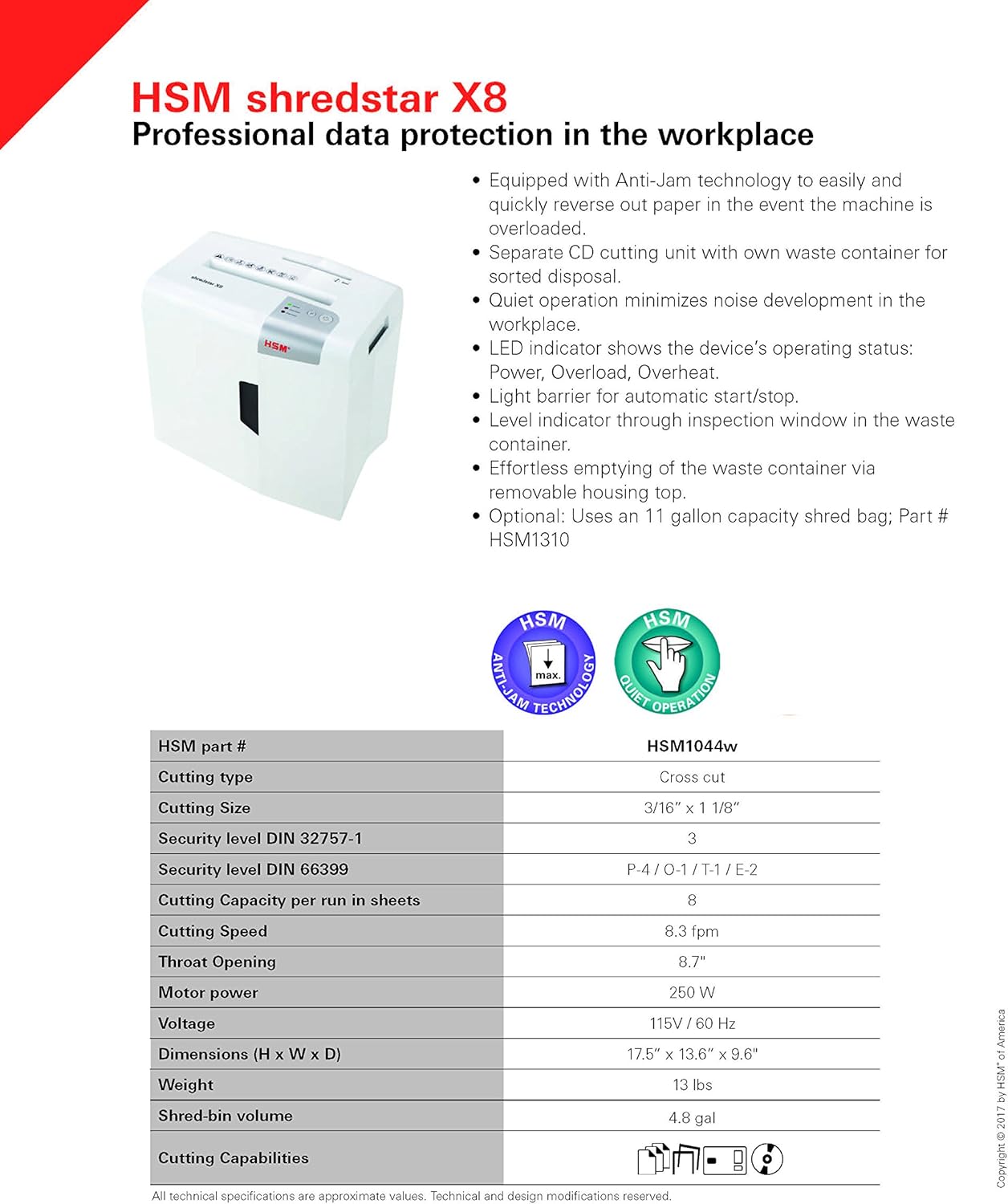 HSM Shredstar X8, trituradora de papel de 8 hojas, corte transversal, capacidad de 4.8 galones con ranura separada para CD, color blanco